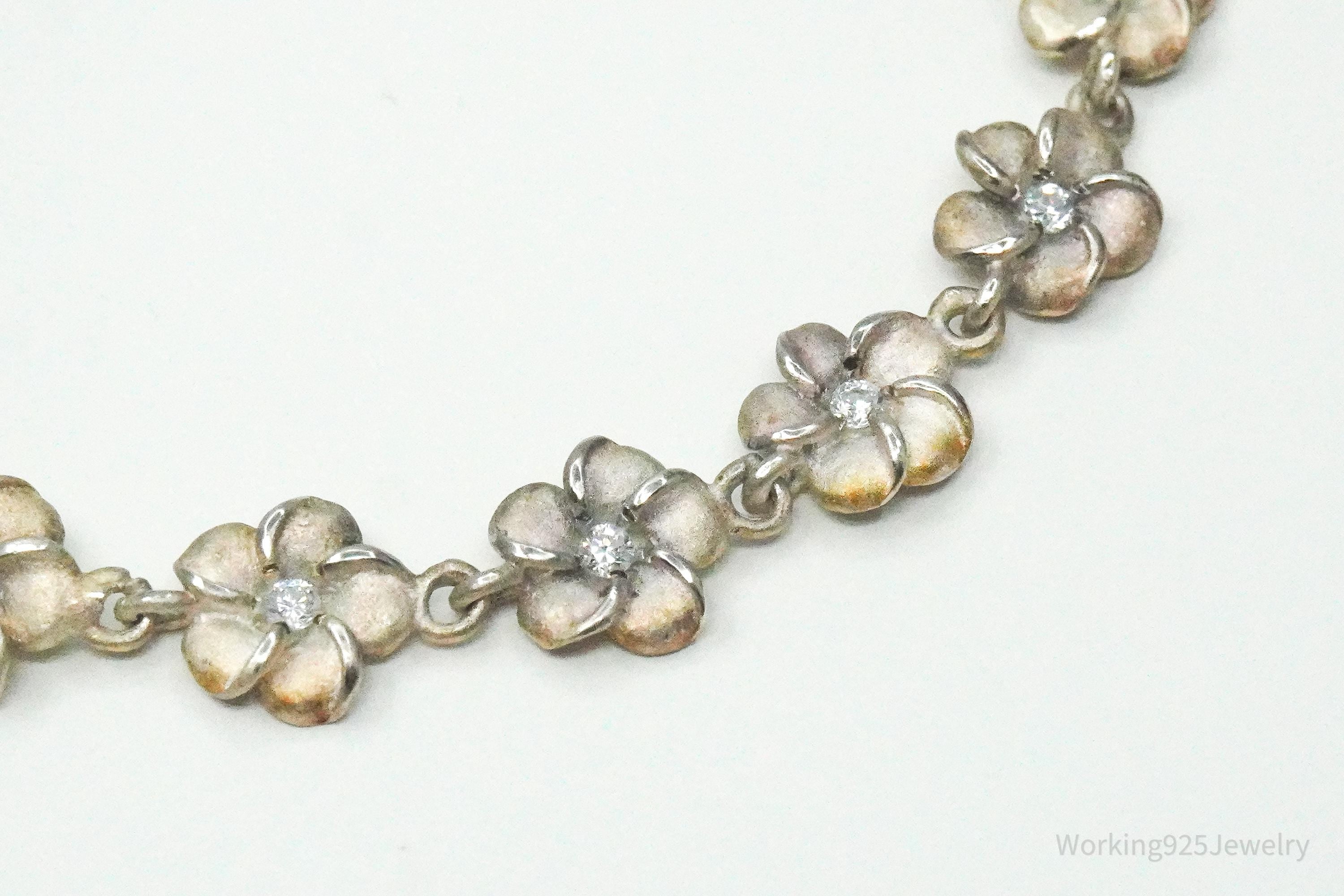 Vintage Cubic Zirconia Flowers Sterling Silver Bracelet 7 5/8"