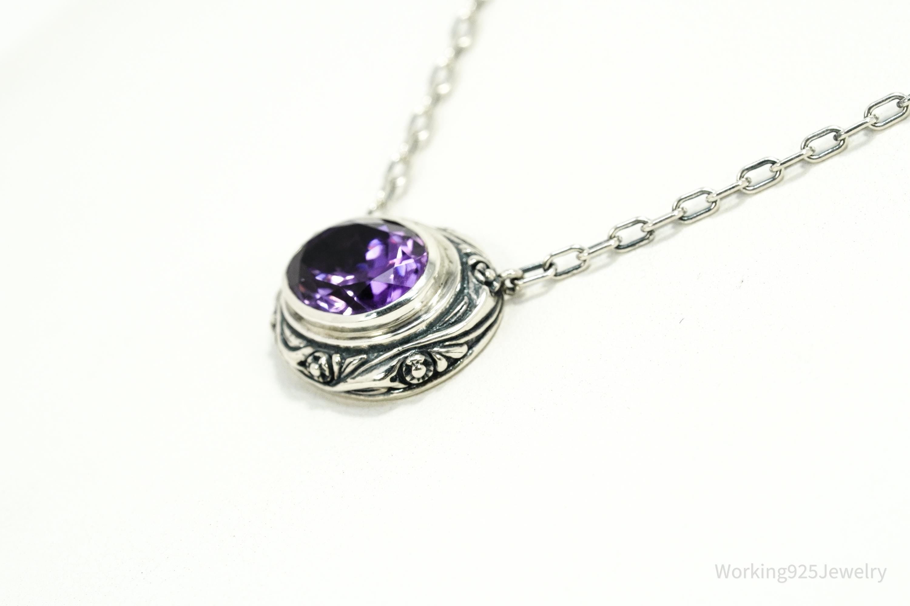 Vintage Large Amethyst Sterling Silver Necklace 17"