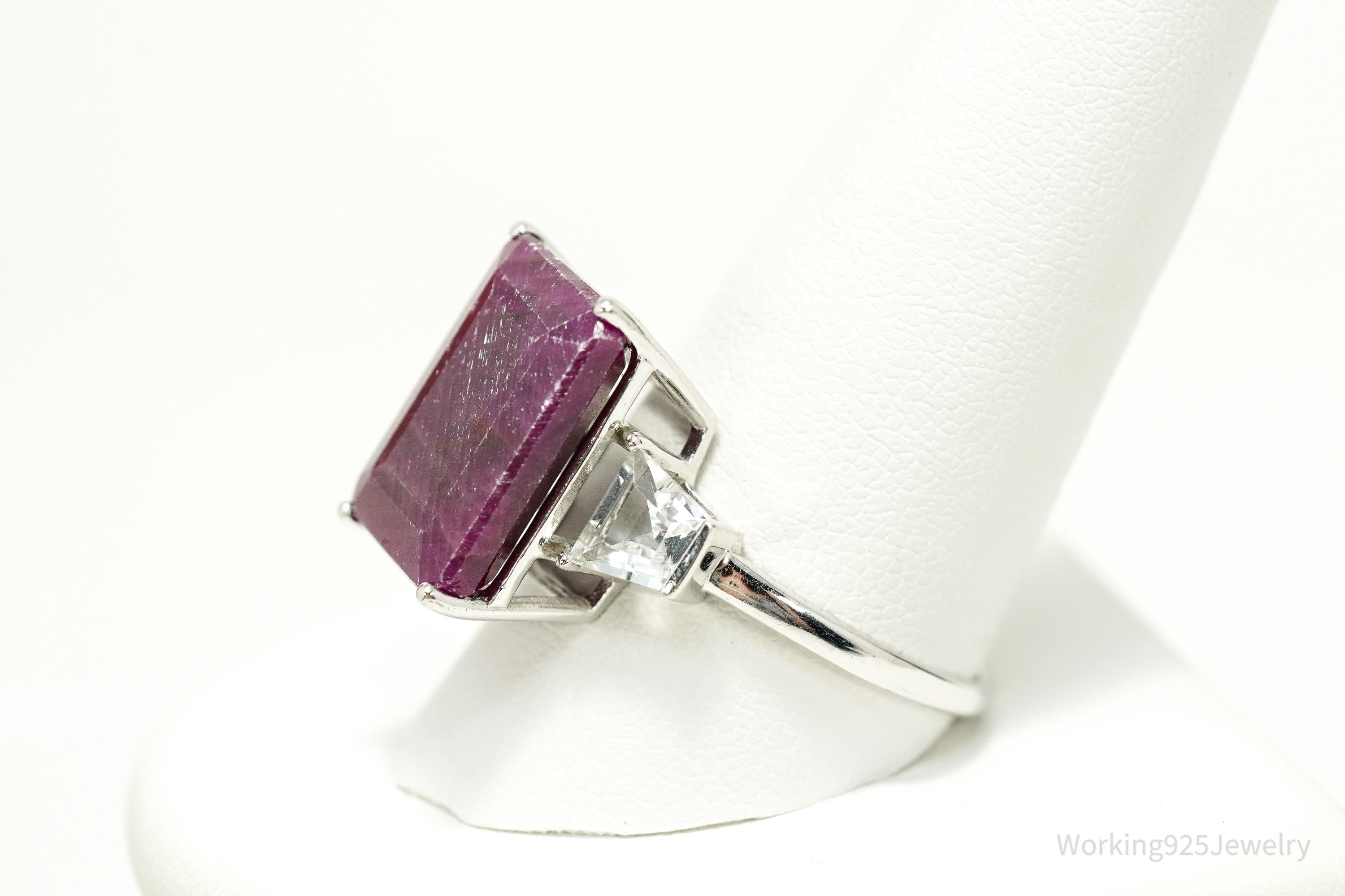 Vintage Ruby & White Topaz \ Sterling Silver Ring - Size 11