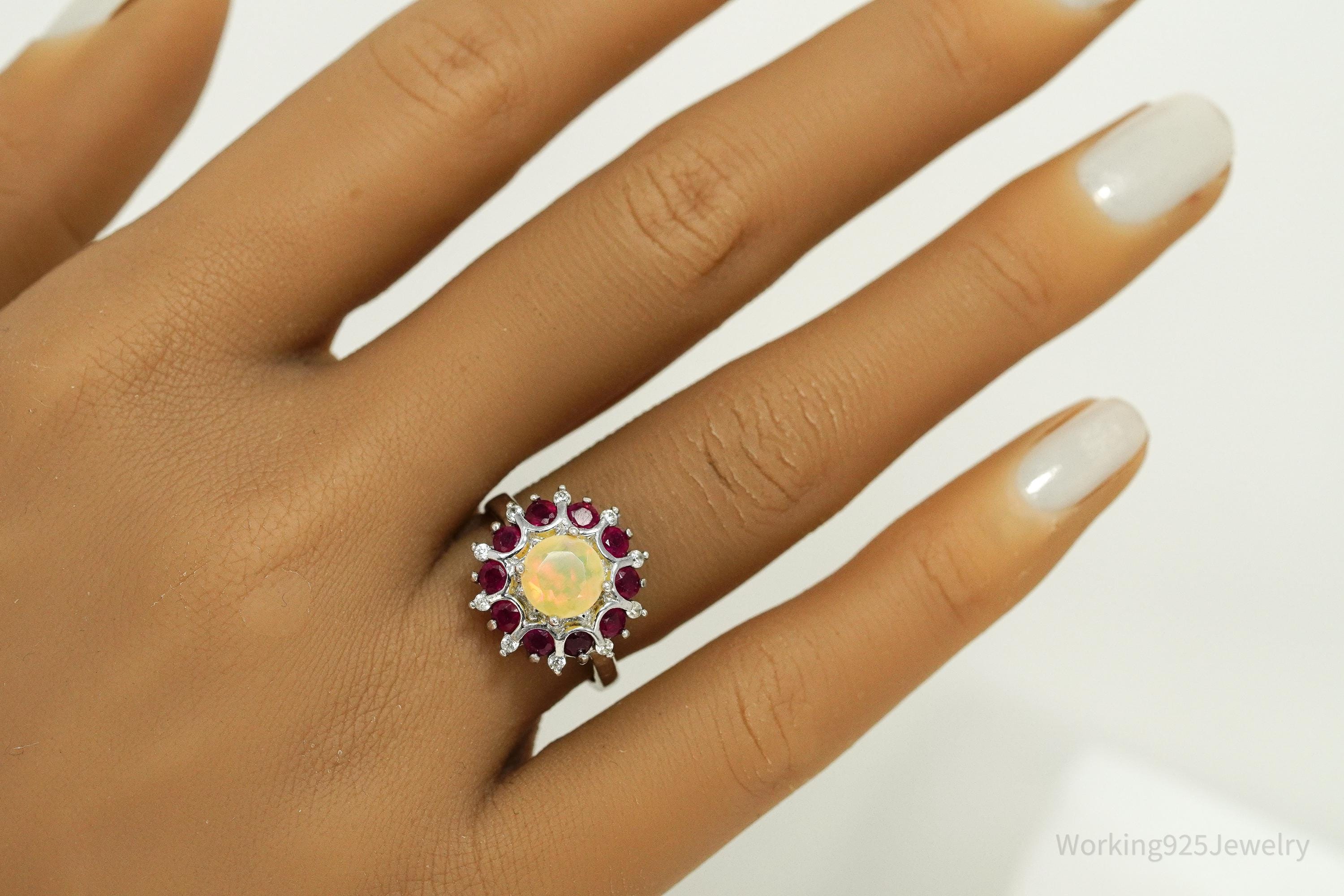 Vintage Ethiopian Opal & Ruby Sterling Silver Ring - Size 7