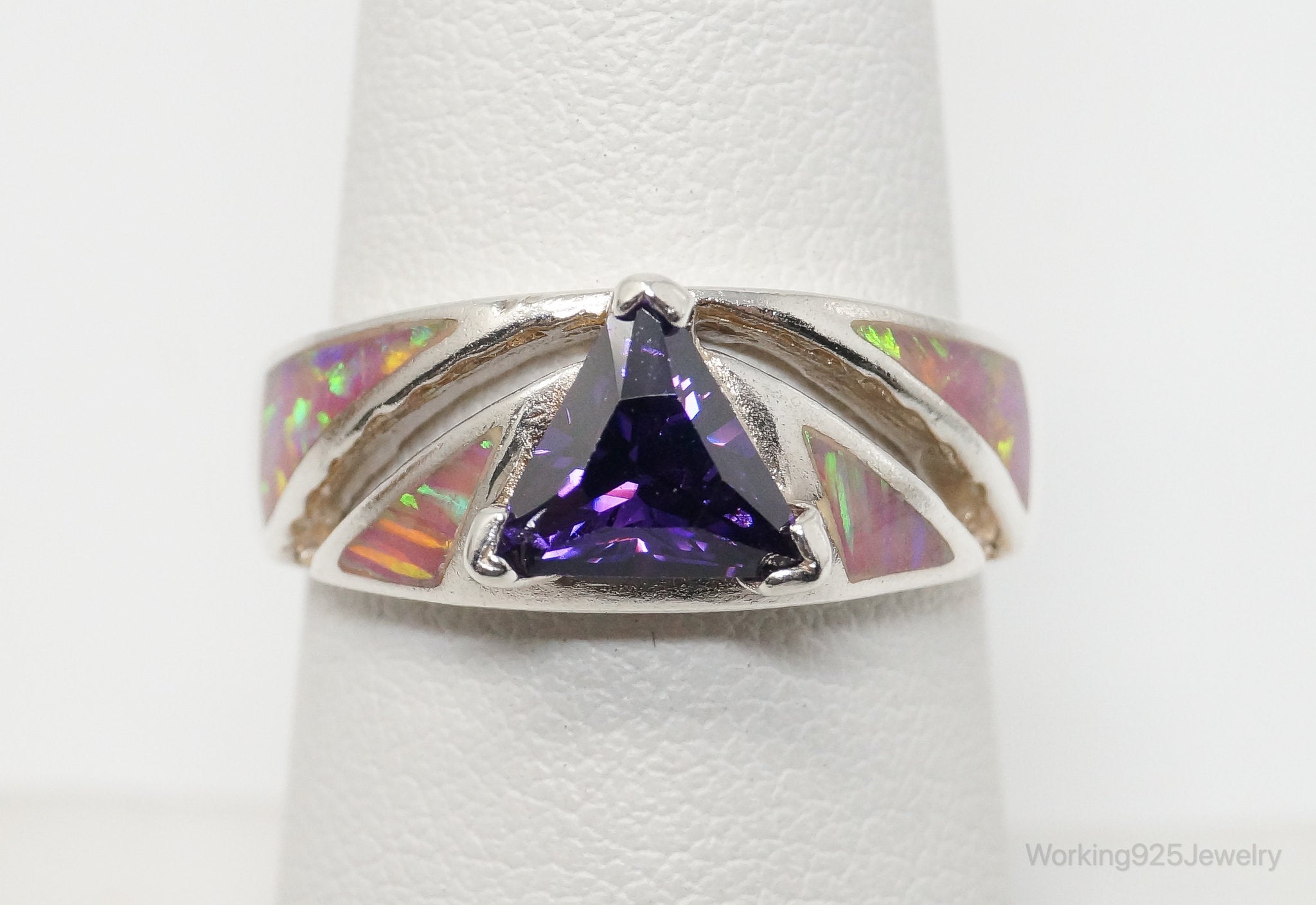 Vintage Mexico Purple CZ Ribbon Opal 950 Silver Ring - Size 7.25