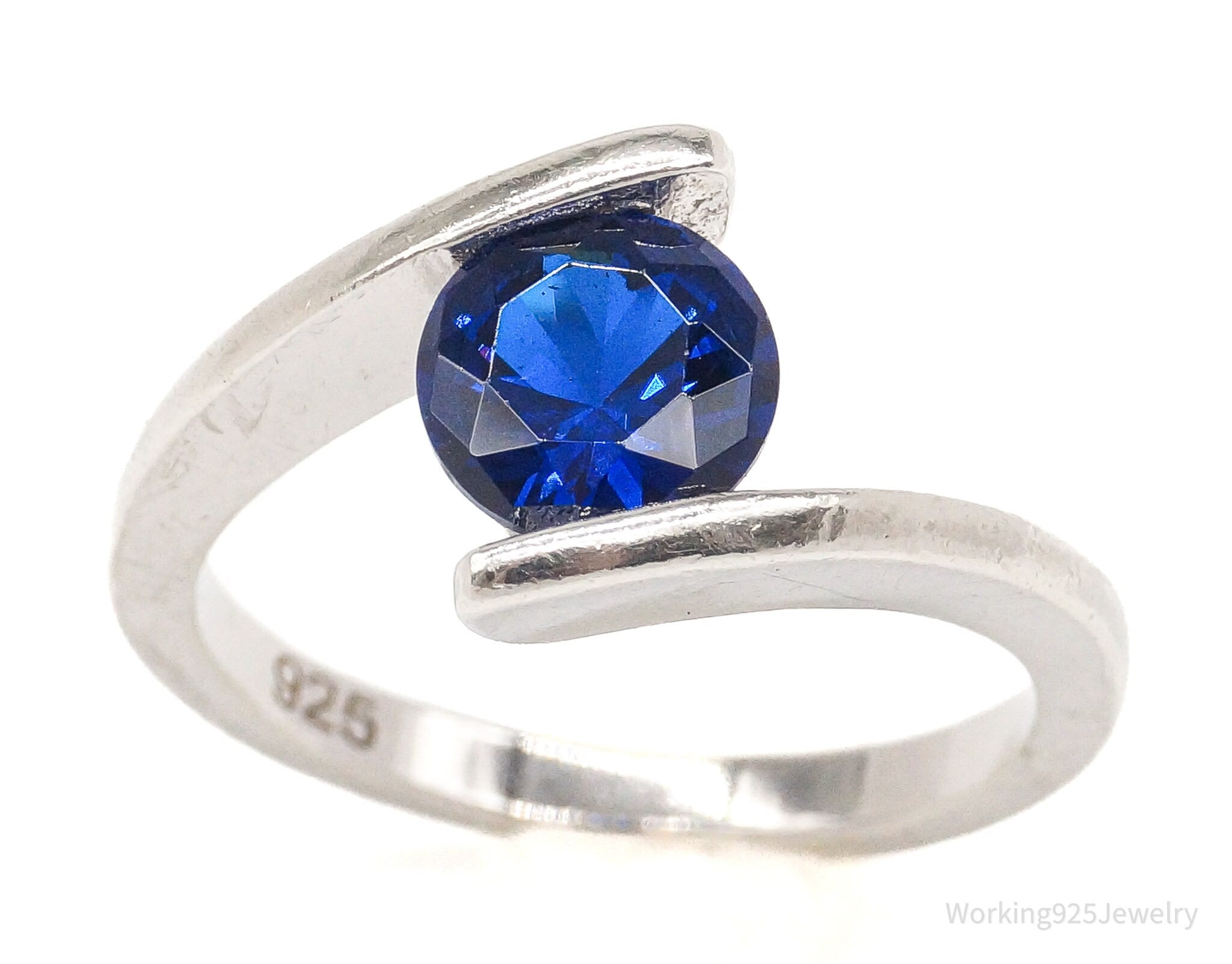 Vintage Lab Sapphire By-Pass Sterling Silver Ring - Size 6.75