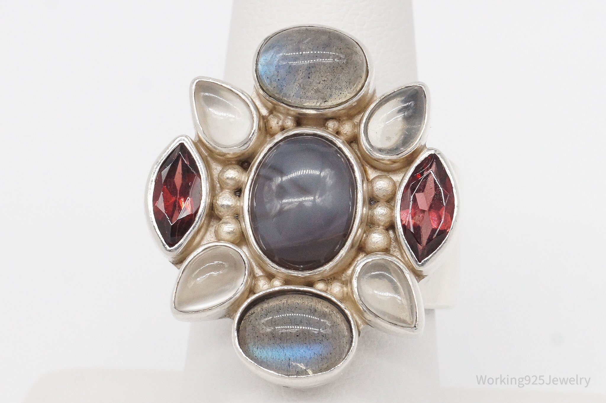 Vintage Designer Sajen Moonstone Garnet Sterling Silver Ring SZ 8.5 Adjustable