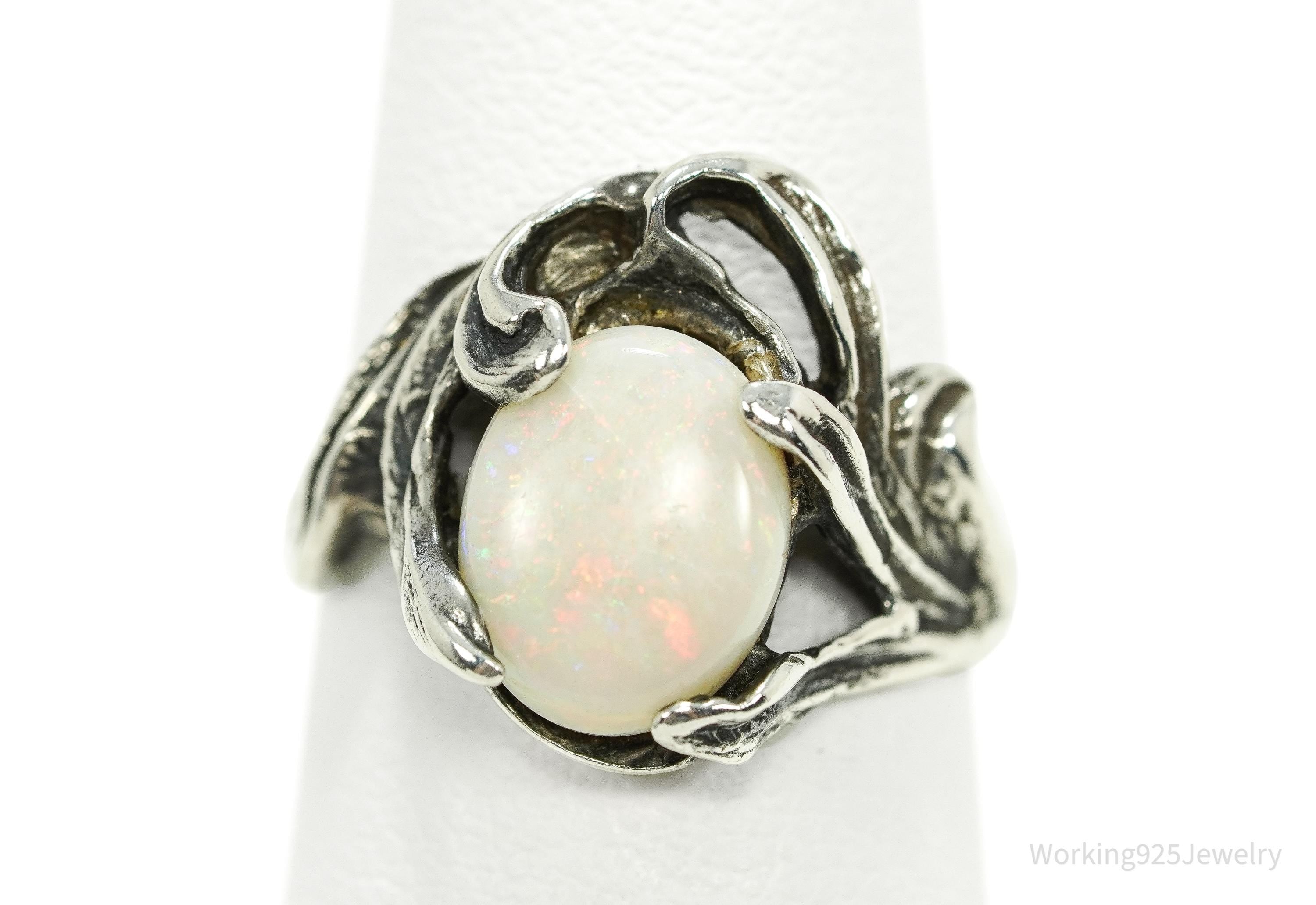 Vintage Opal Brutalist Style Silver Ring - Size 6.25