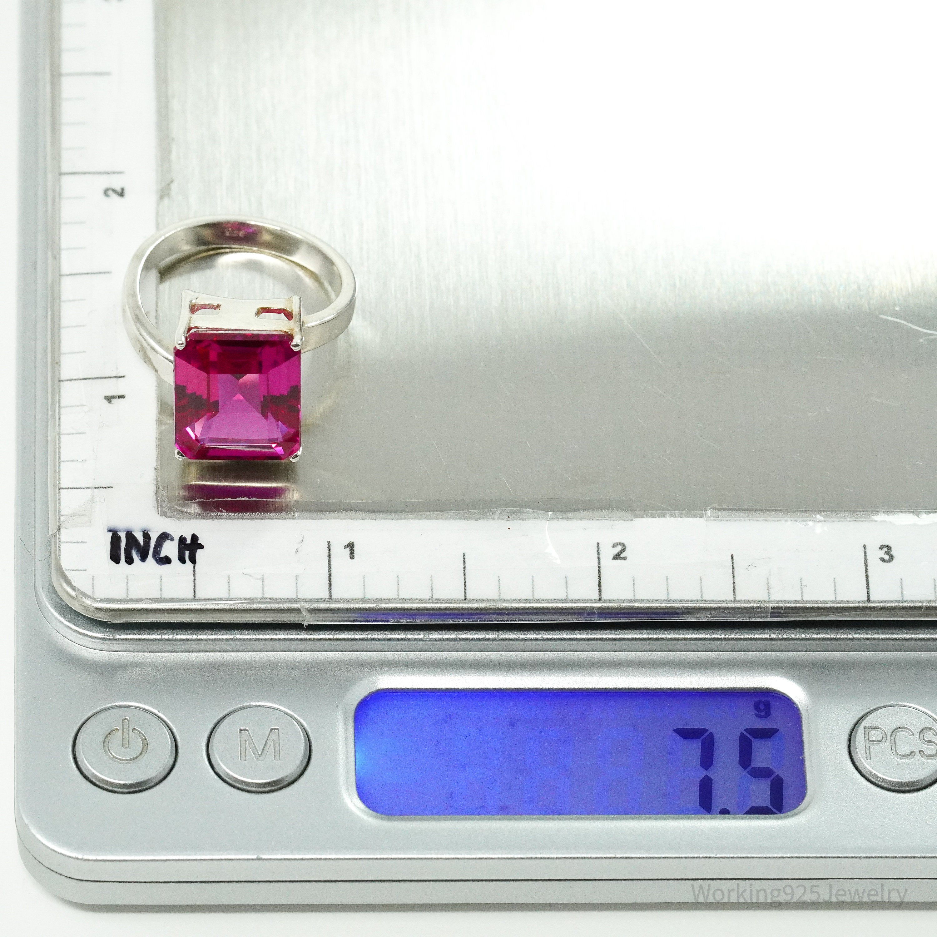 Vintage Lab Ruby Sterling Silver Ring - Size 8.75