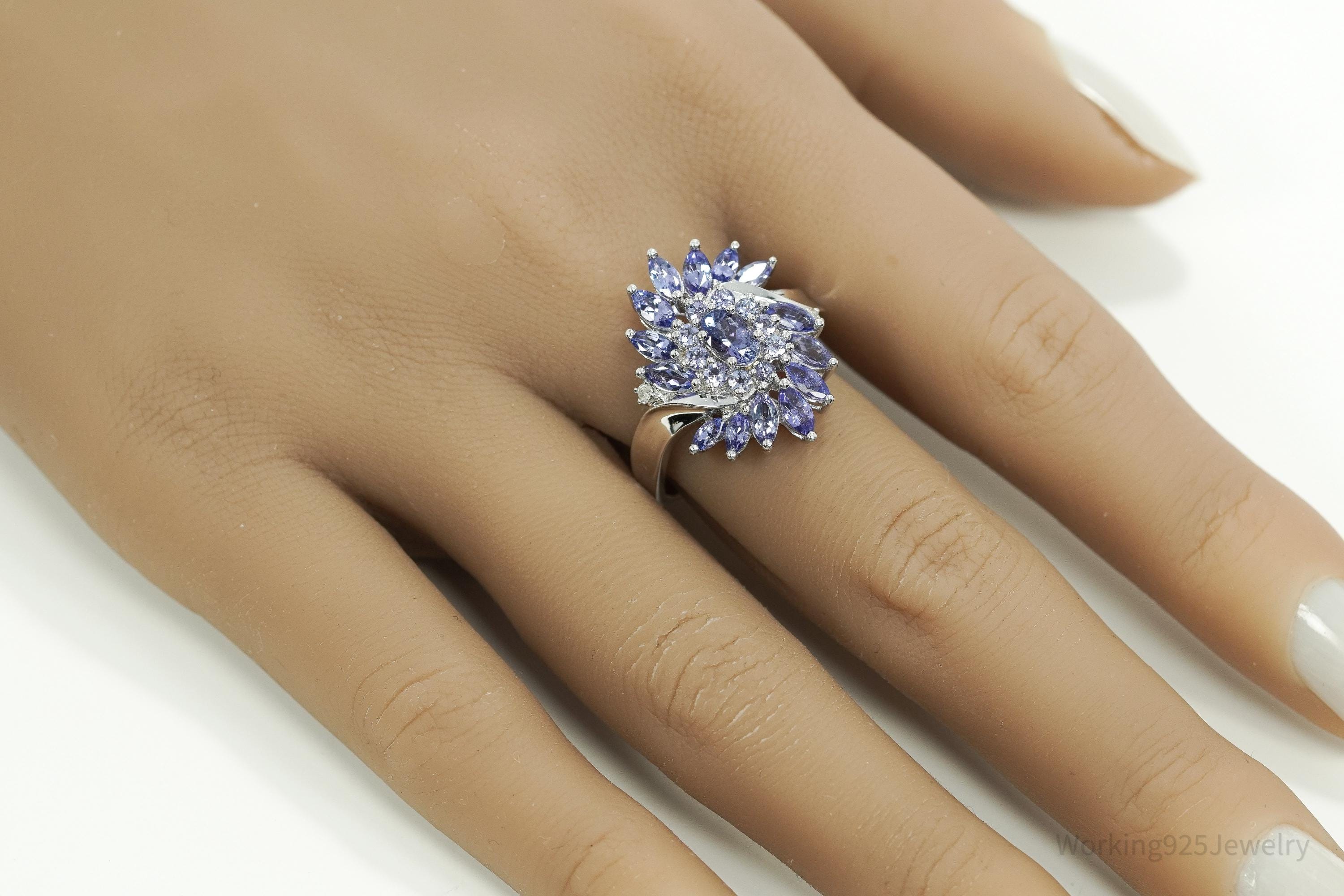 Designer JS Tanzanite & Diamond Sterling Silver Ring Size 10.25