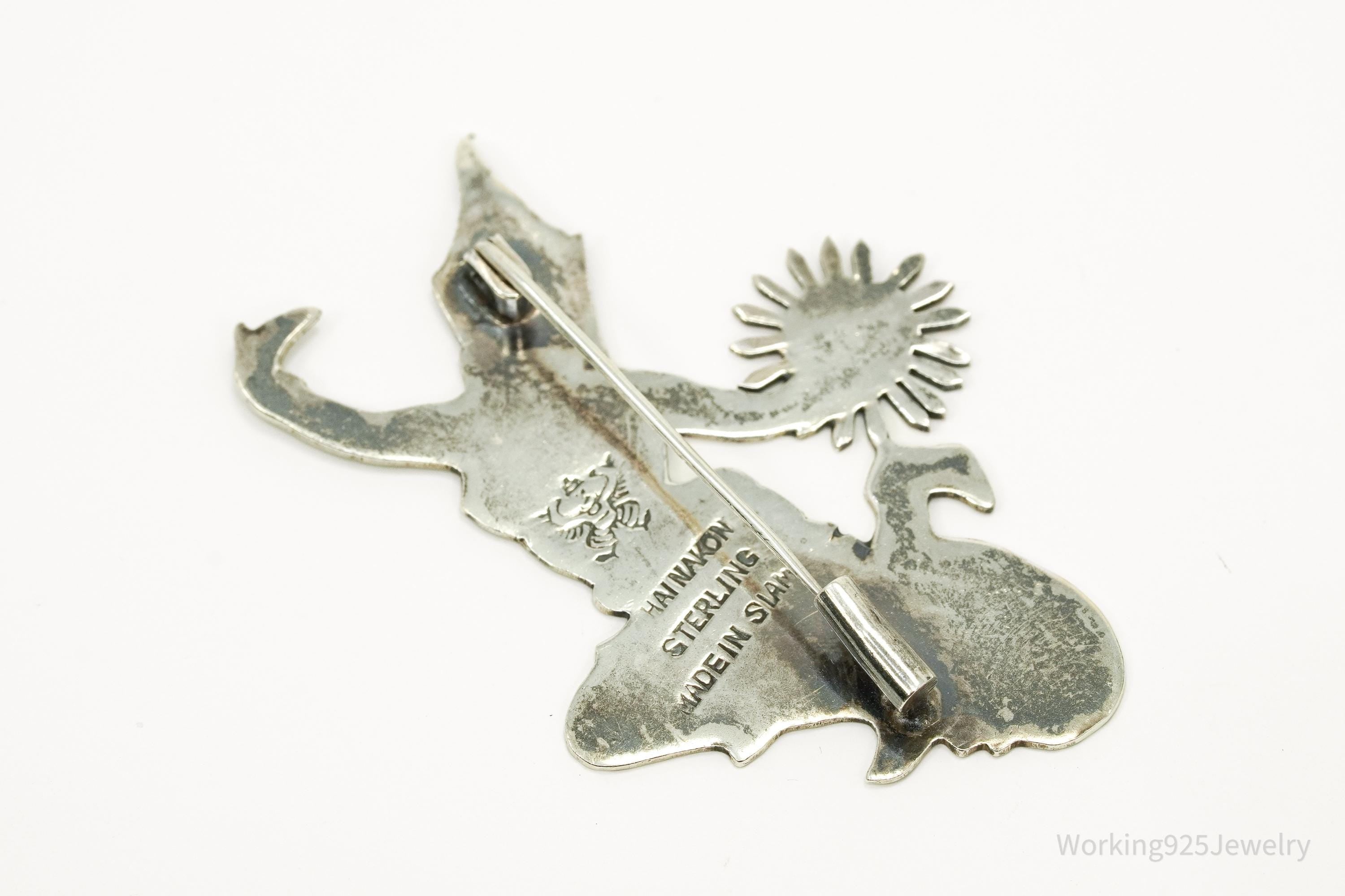 Large Vintage Thai Nakon Siam Black Enamel Sterling Silver Brooch Pin