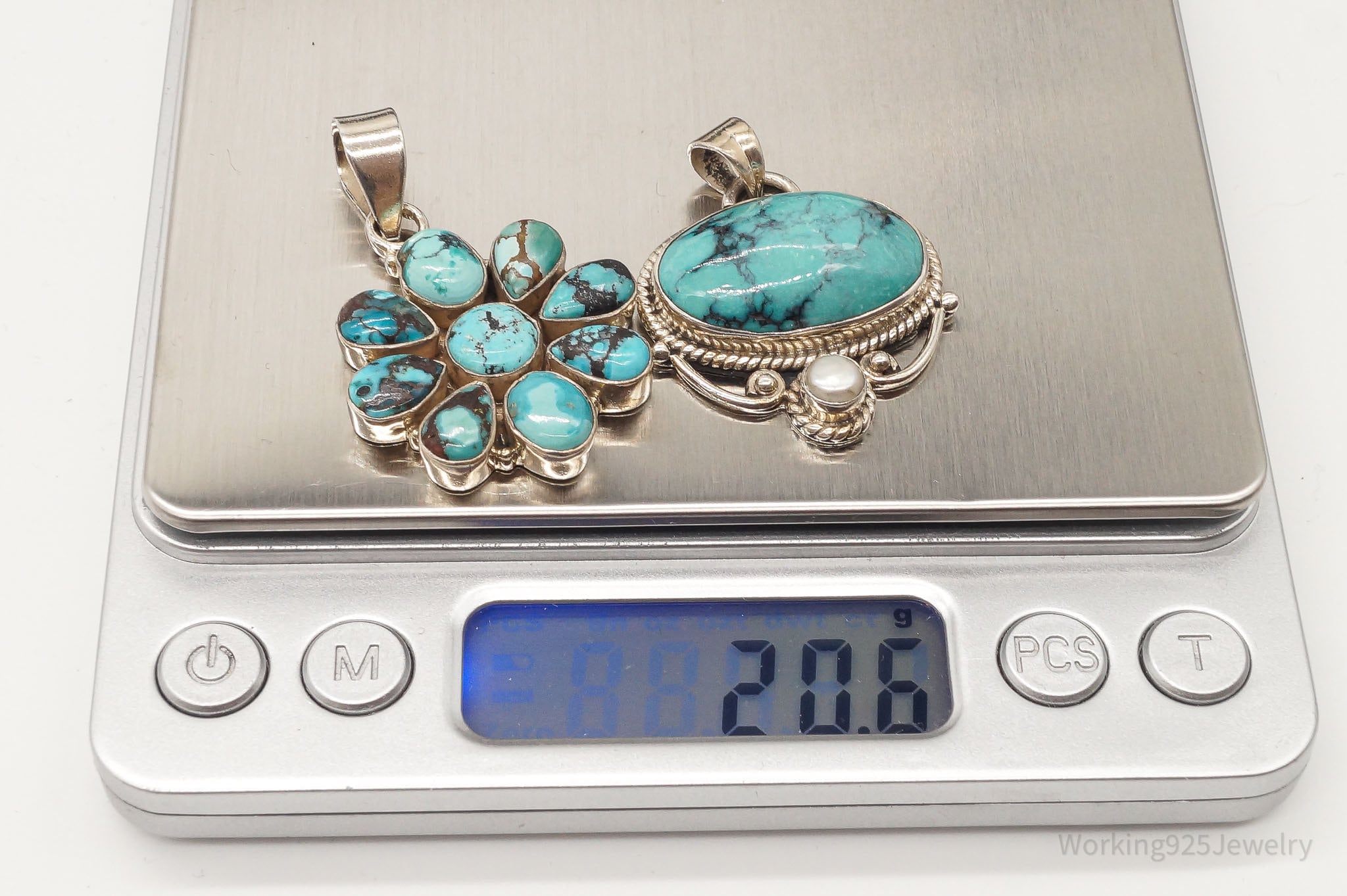 Vintage Turquoise Pearl Bali Style Sterling Silver Pendant Set