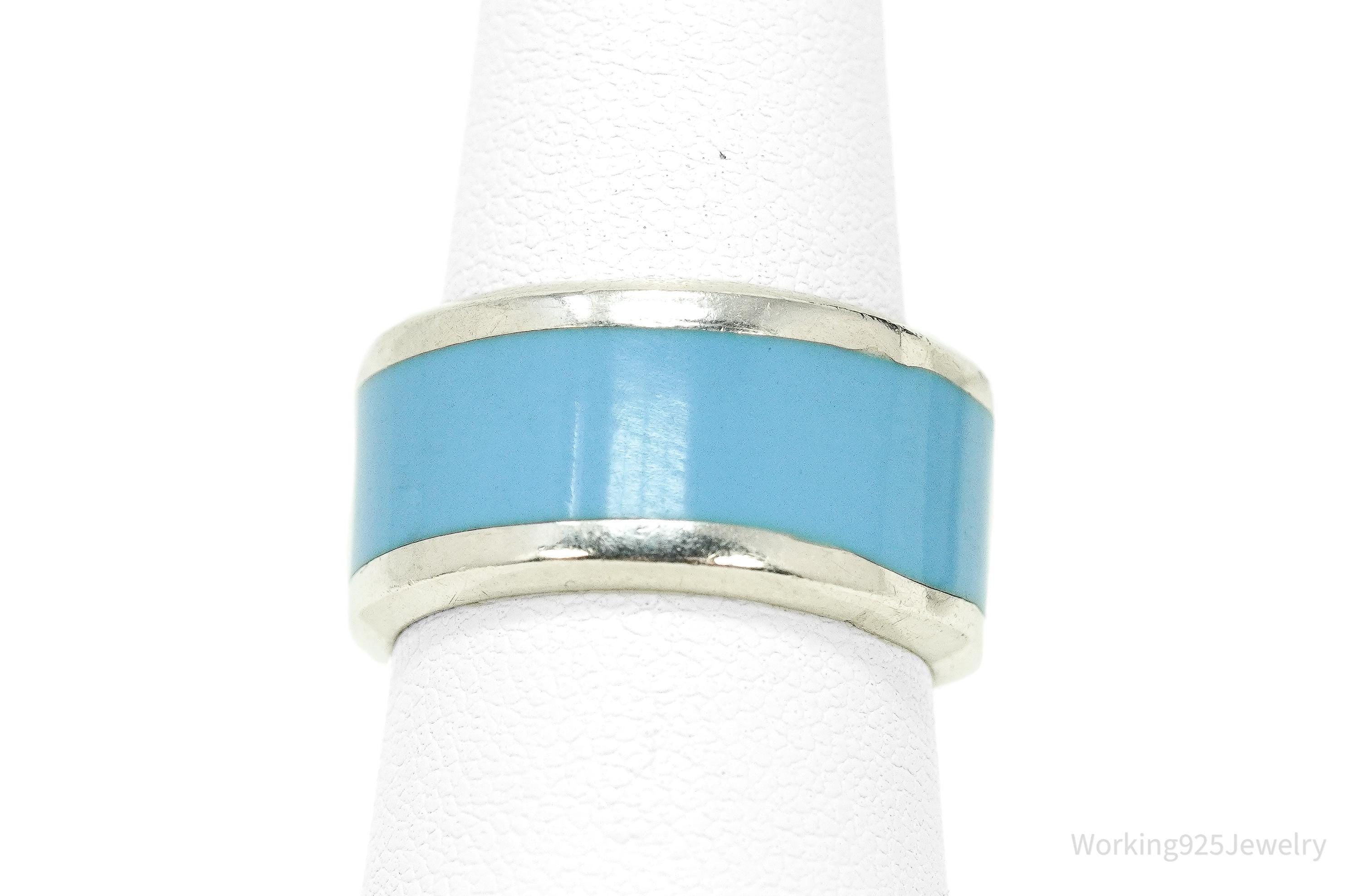 Vintage Blue Enamel Sterling Silver Wide Band Ring - Size 7.75