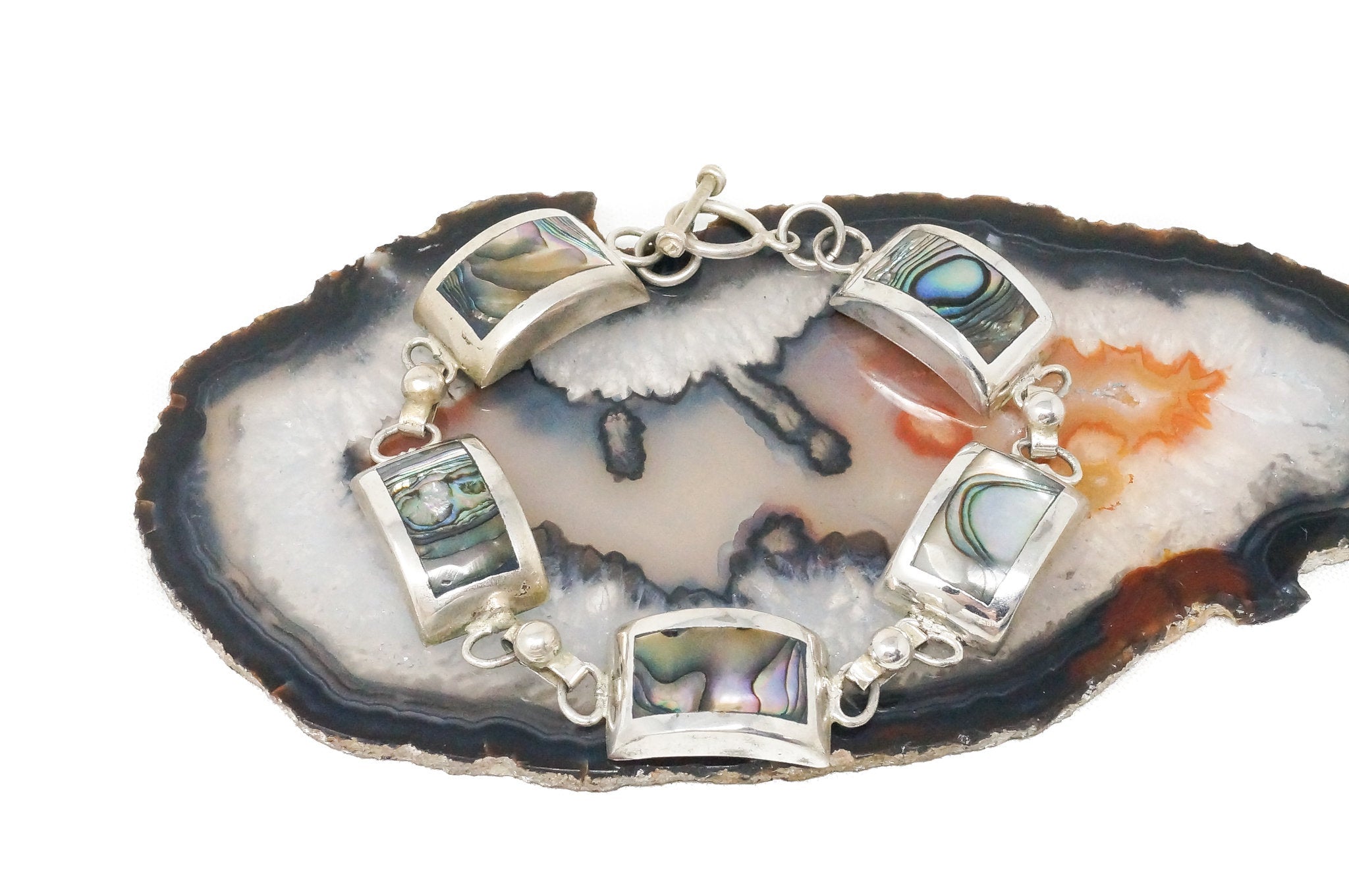 Vintage Mexico Designer Paua Abalone Shell Southwestern Sterling Silver Bracelet