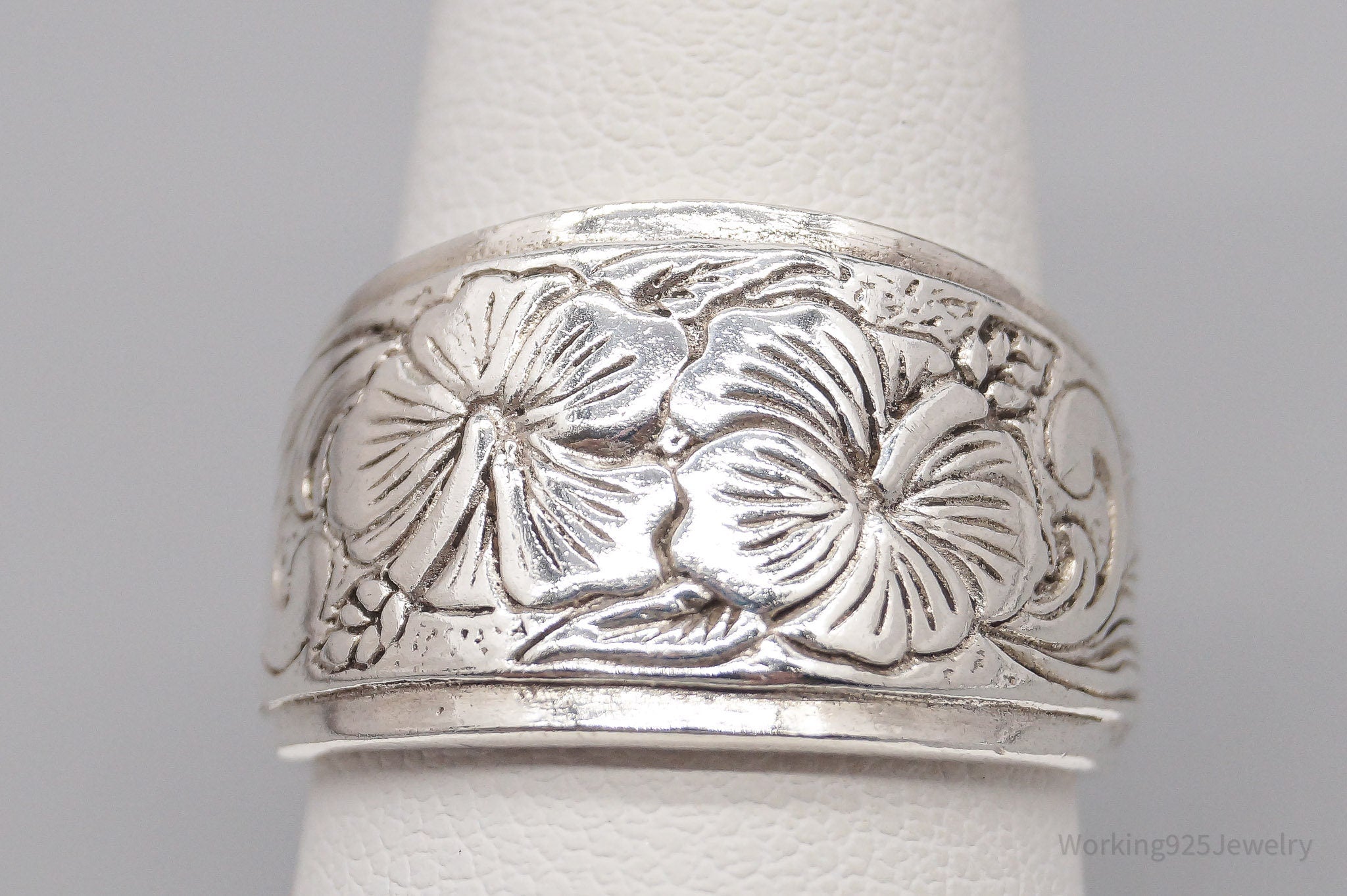 Vintage Art Nouveau Floral Style Sterling Silver Band Ring - Size 9.5