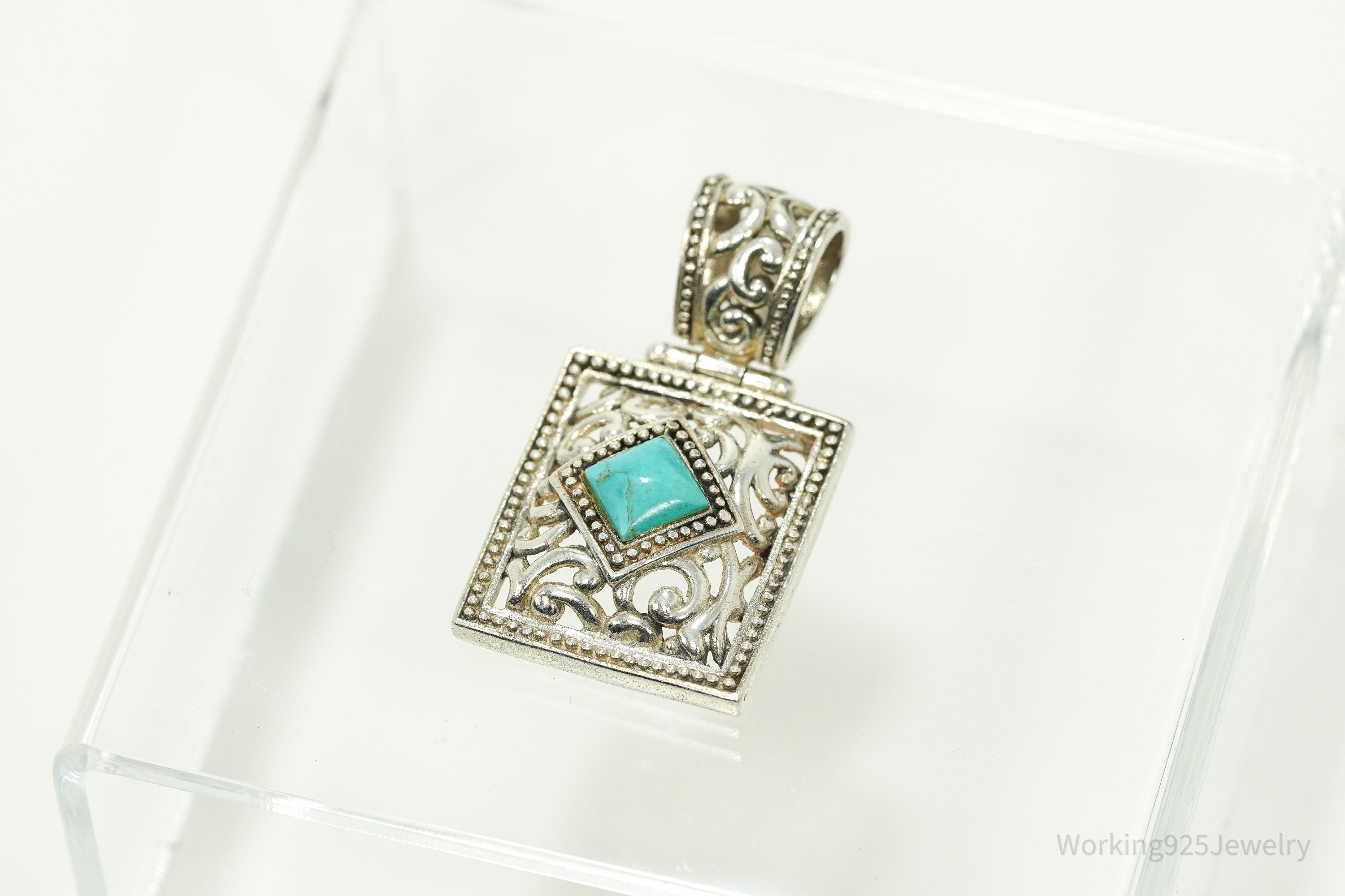 Large Vintage Turquoise Filigree Sterling Silver Necklace Pendant 1 5/8"