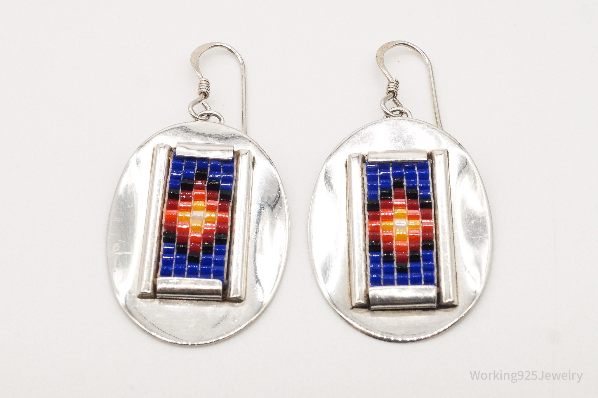 Vintage Native American Bead Inlay Sterling Silver Earrings