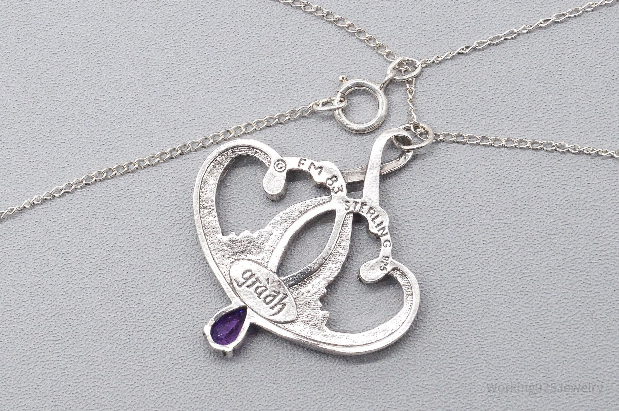 Vintage 1893 GRADH Franklin Mint Double Heart Amethyst Sterling Silver Necklace