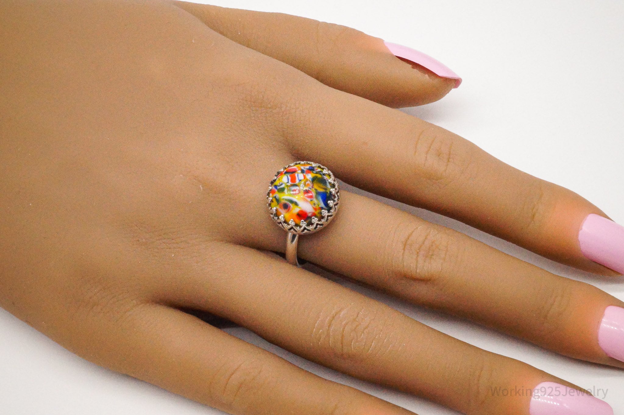 Vintage Murano Glass Silver Ring - Size 9