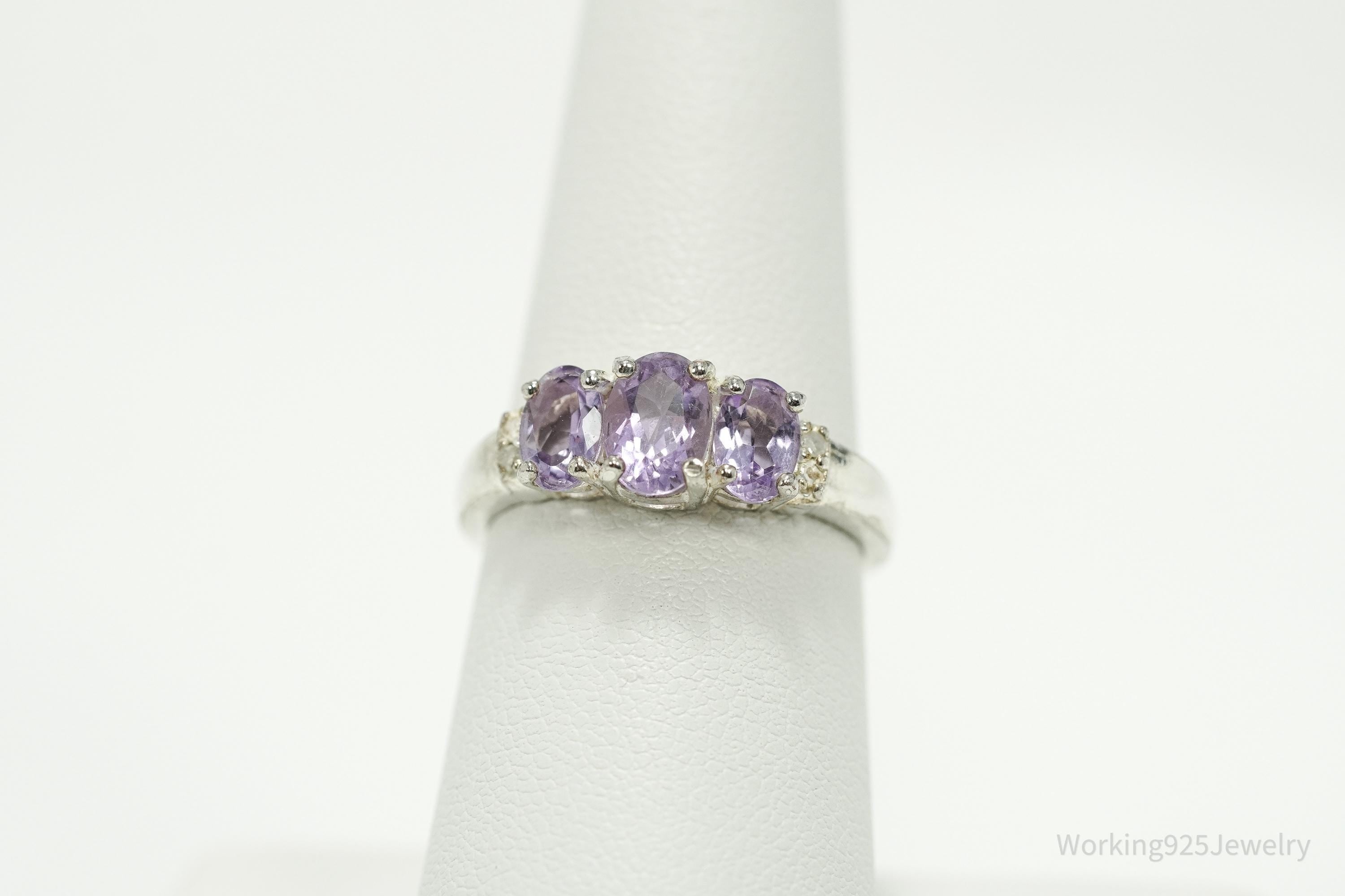 Vintage Amethyst & Diamond Sterling Silver Ring - Size 7