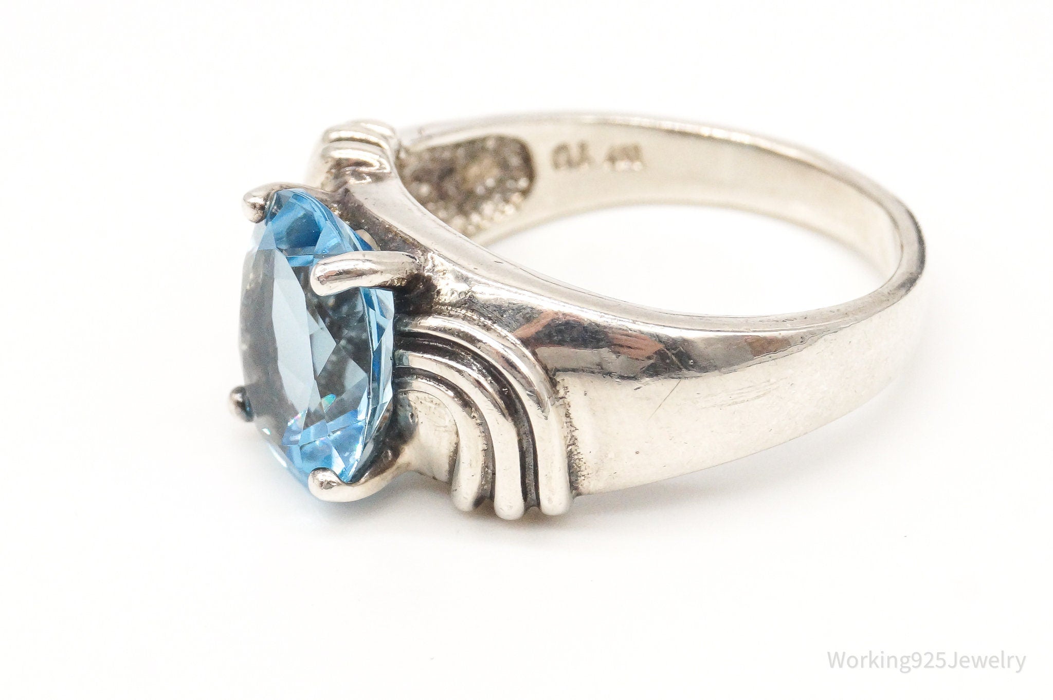 Vintage Large Blue Topaz Sterling Silver Ring - Size 10