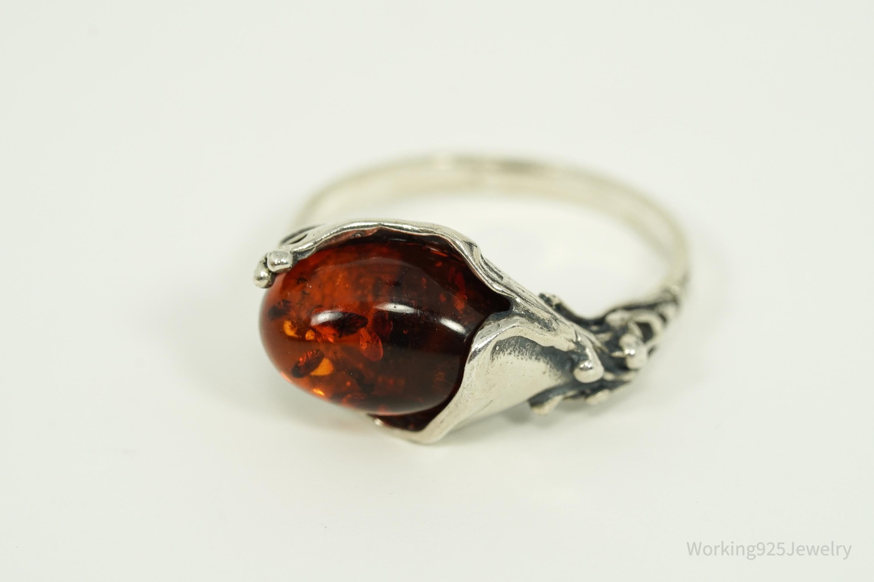 Vintage Amber Modernist Style Sterling Silver Ring - Size 6.5