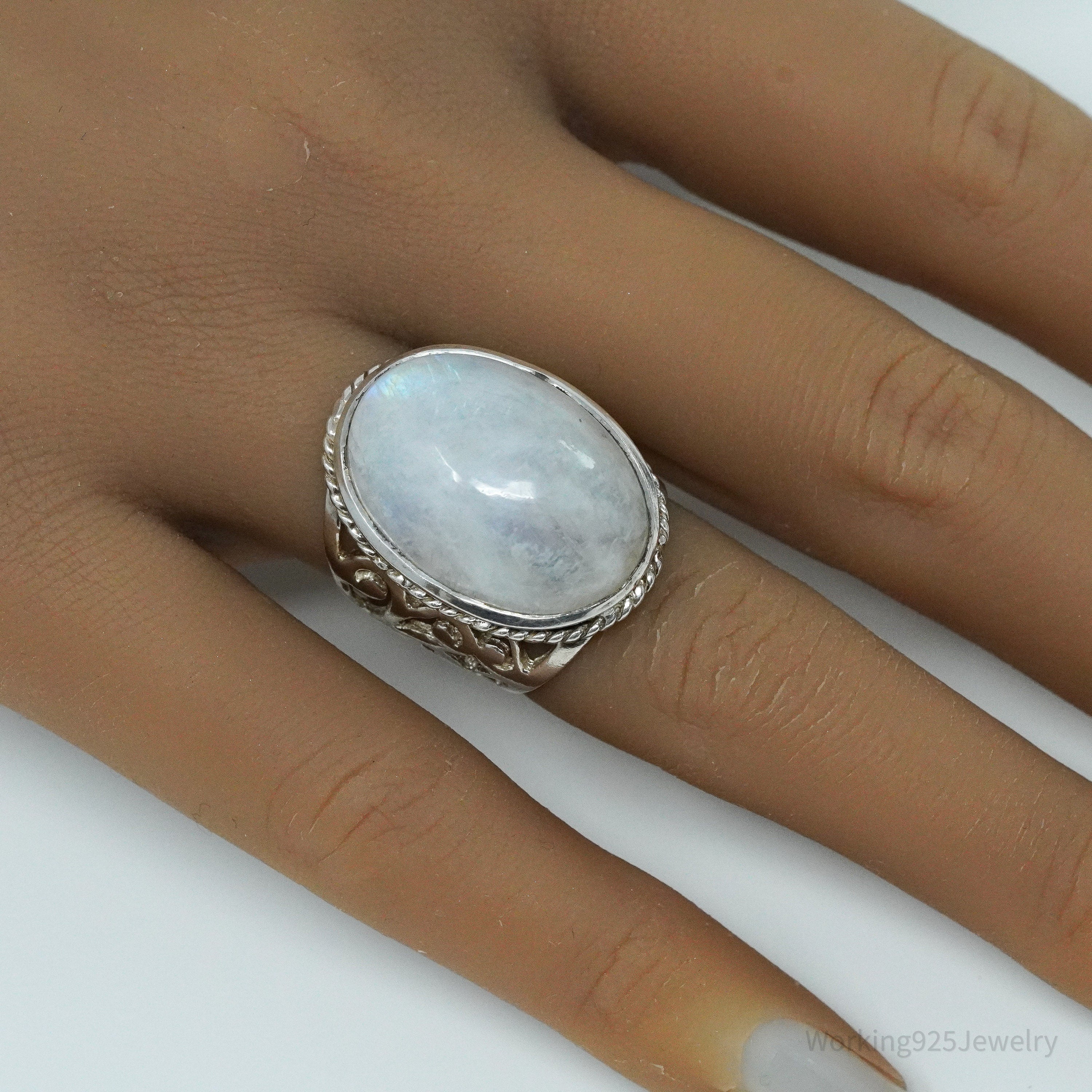 Vintage Large Moonstone Sterling Silver Ring - Size 5.75