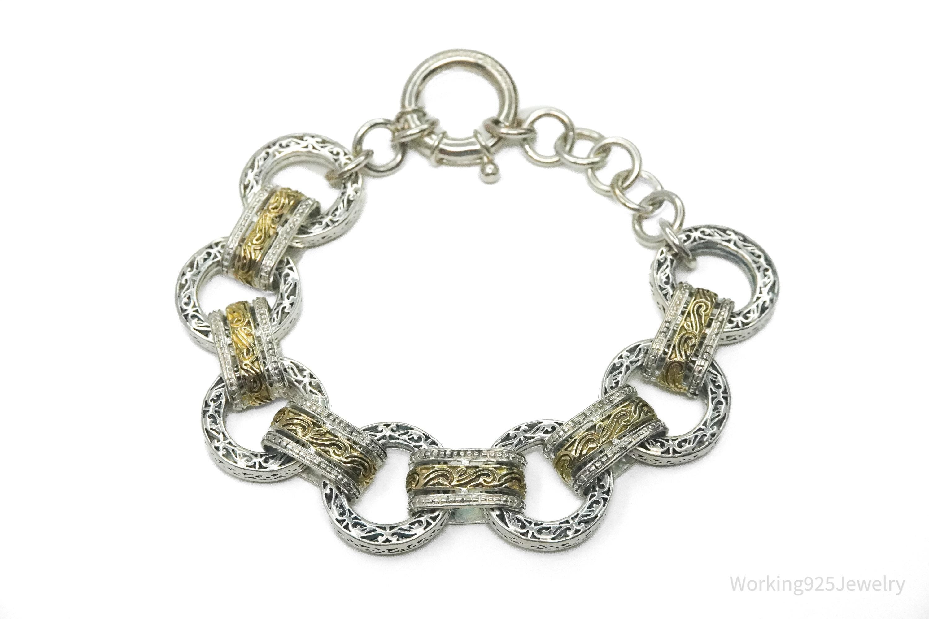 Vintage ASJ Filigree Scroll Design Large Link Gold Vermeil Sterling Silver Chain Bracelet 7 7/8"