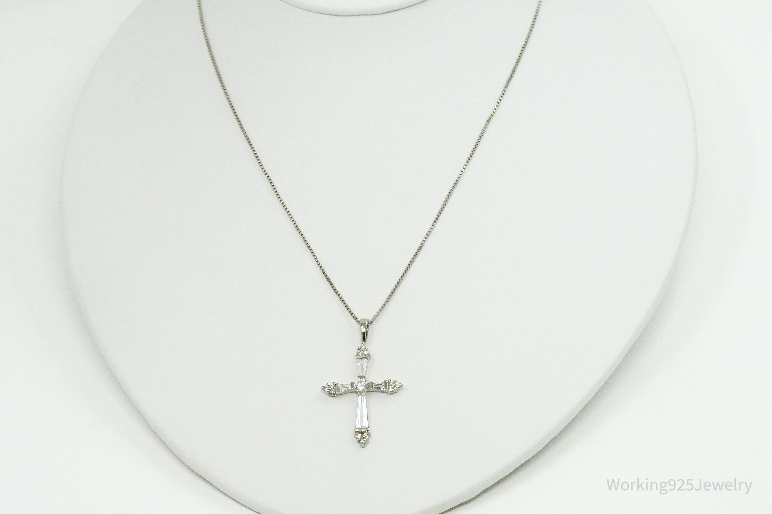 Vintage Ross Simons Cubic Zirconia Cross Sterling Silver Necklace 18"