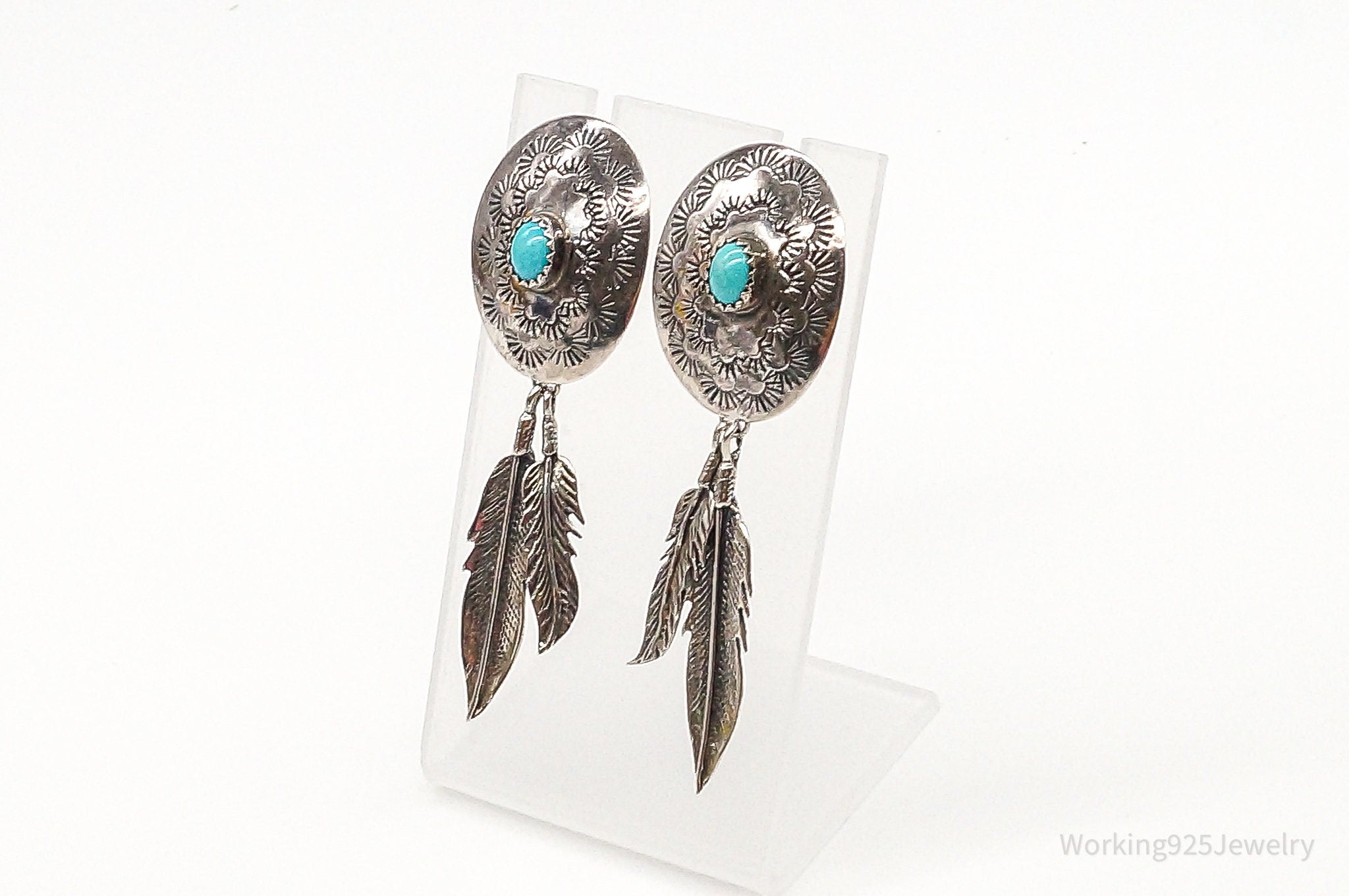 Vintage Native American Turquoise Feather Sterling Silver Earrings