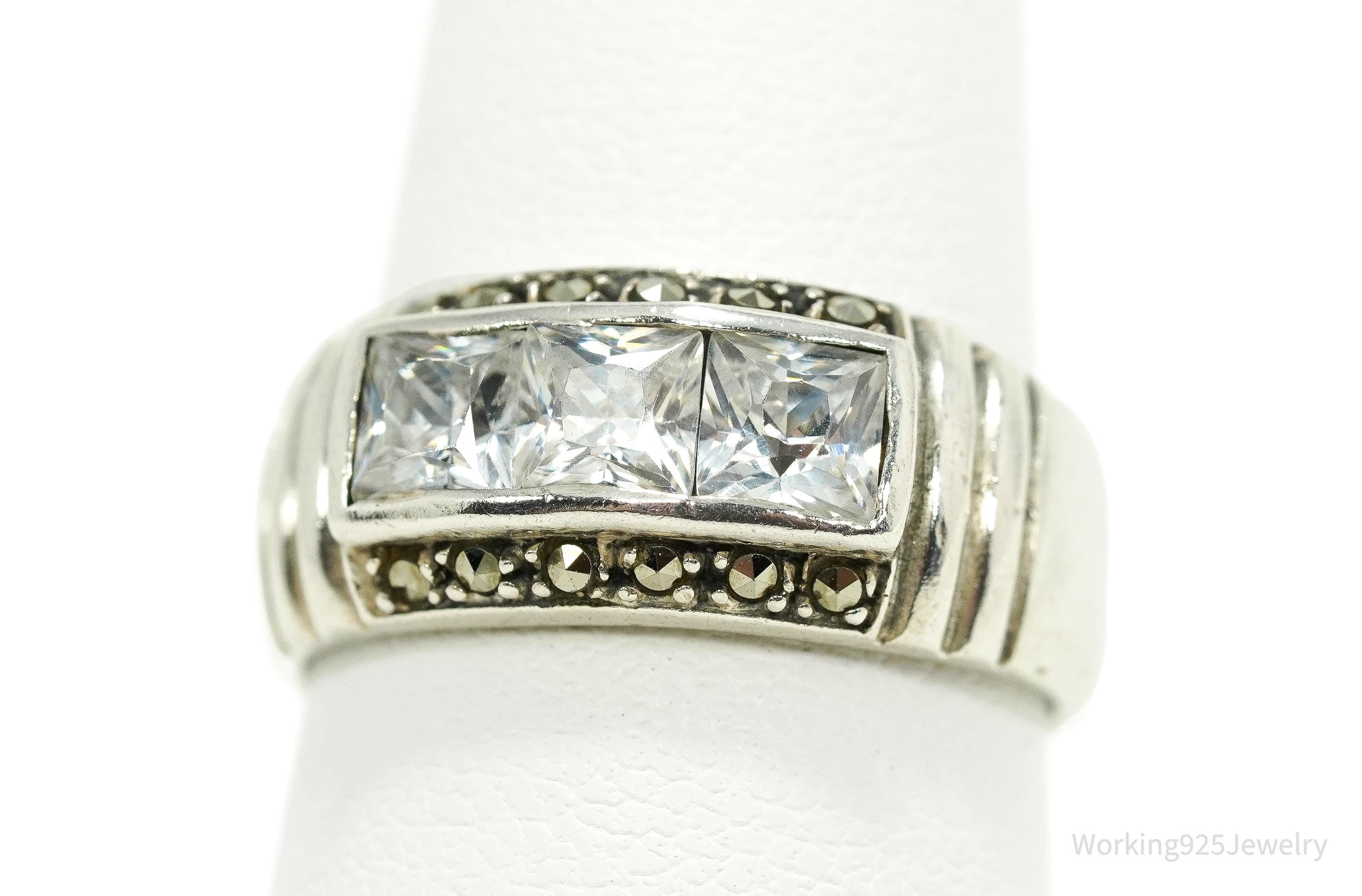 Vintage Cubic Zirconia & Marcasite Sterling Silver Ring - Size 6.25