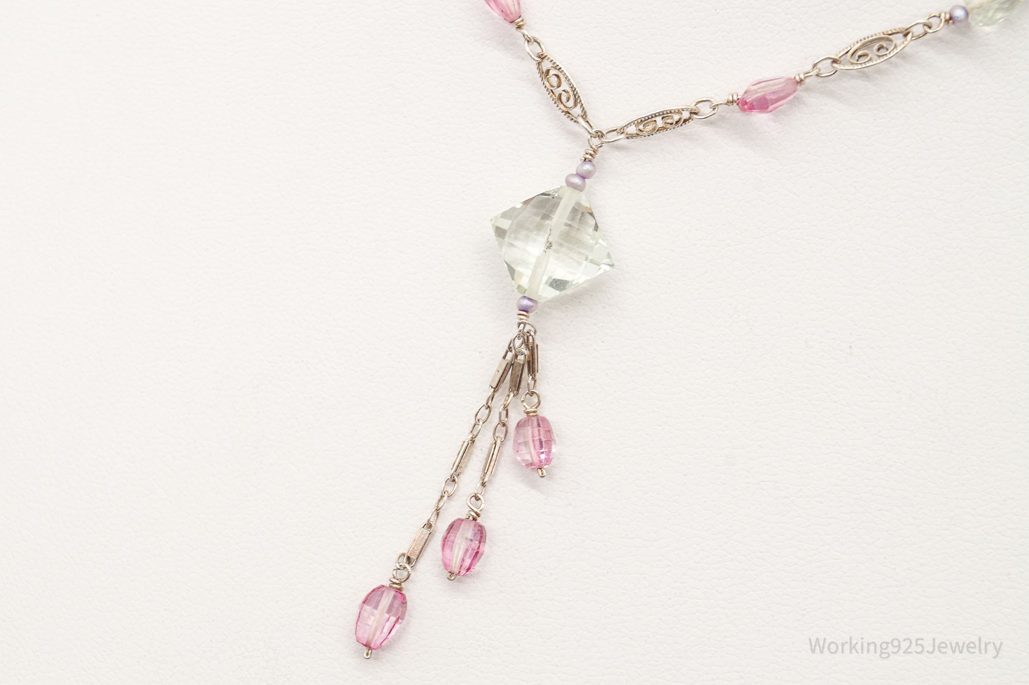 Vintage Prasiolite Pink Topaz Seed Pearls Sterling Silver Necklace