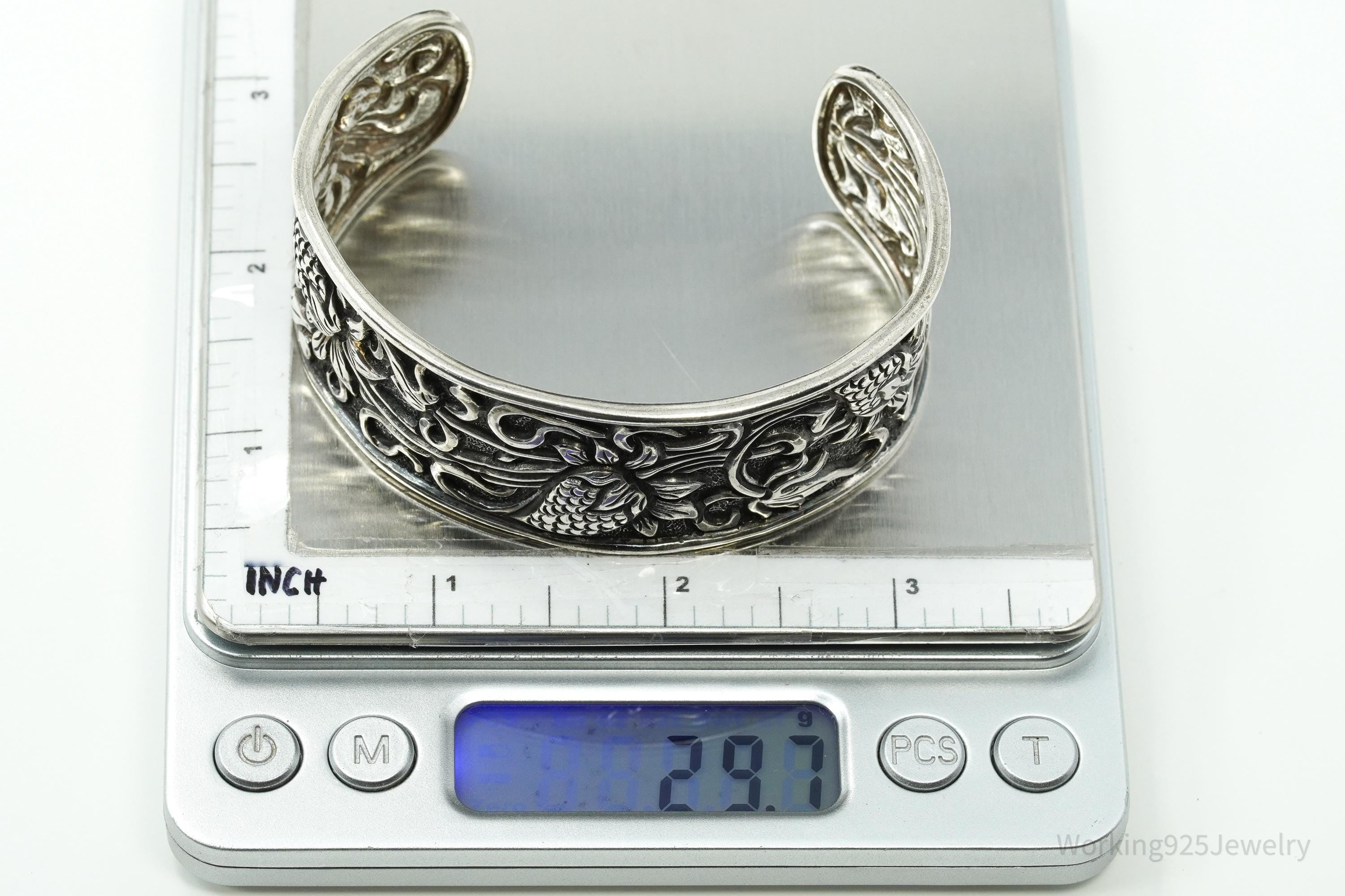 Vintage TIKA Strawberry Floral Pattern Repousse Sterling Silver Cuff Bracelet 7 5/8"