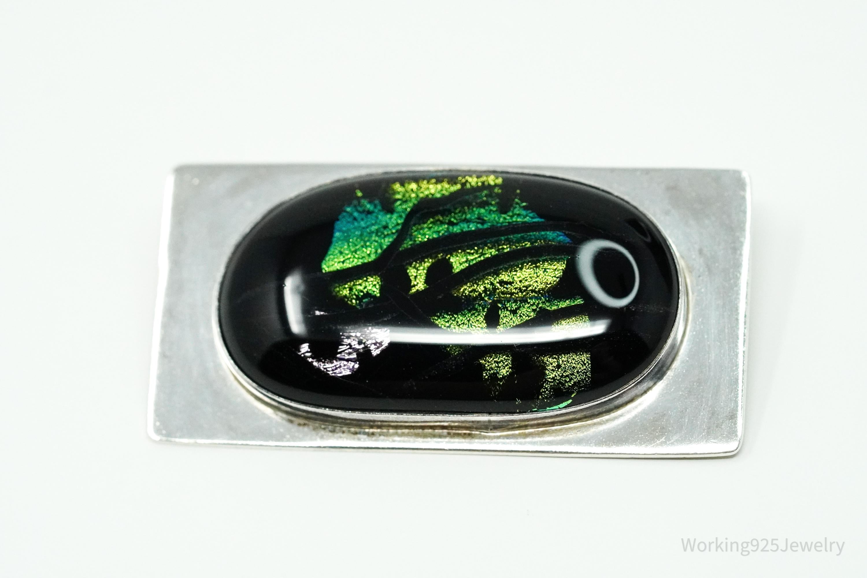 Vintage Large Dichroic Glass Sterling Silver Brooch Pin Pendant