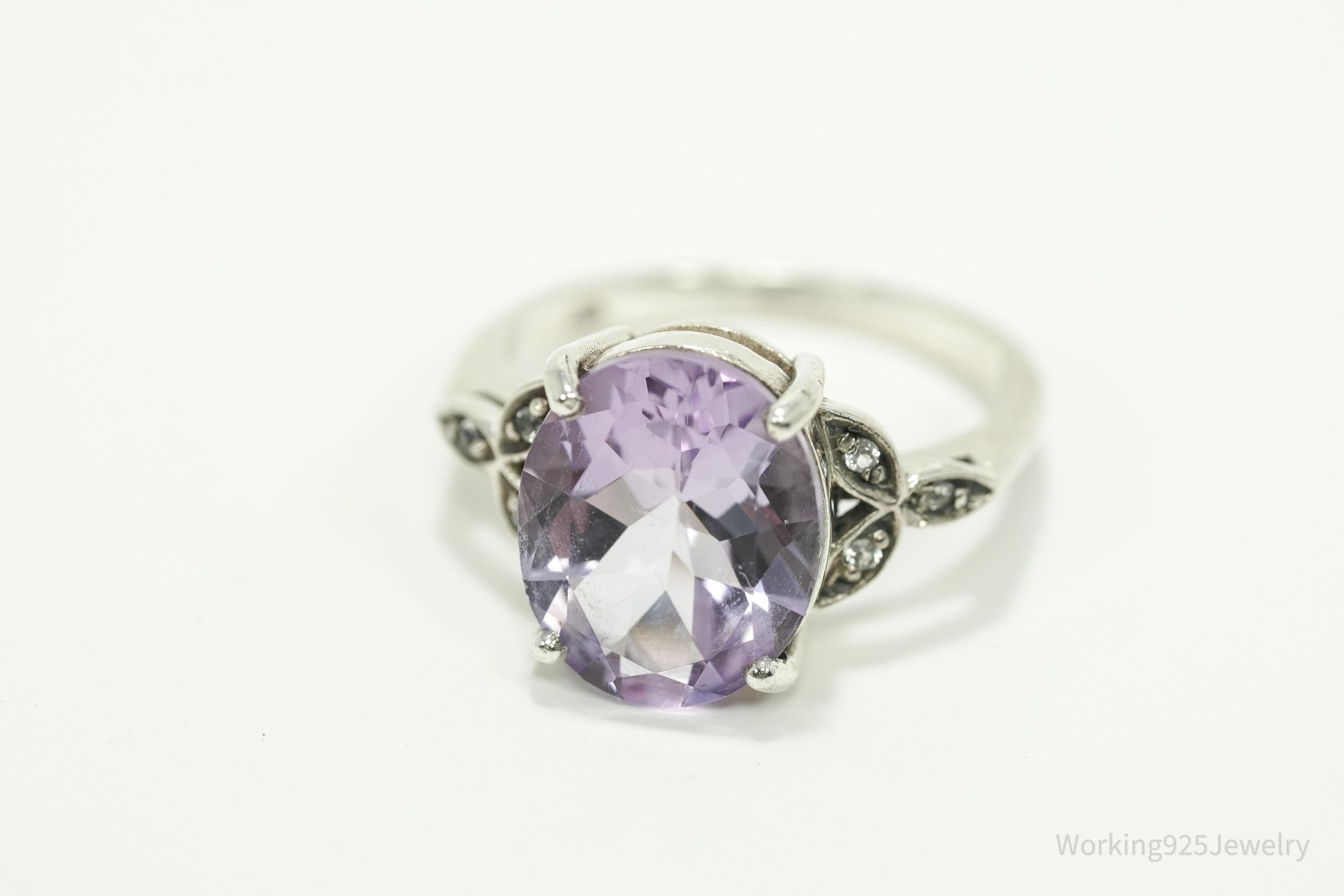 Vintage Amethyst & White Topaz Sterling Silver Ring - Size 5.75