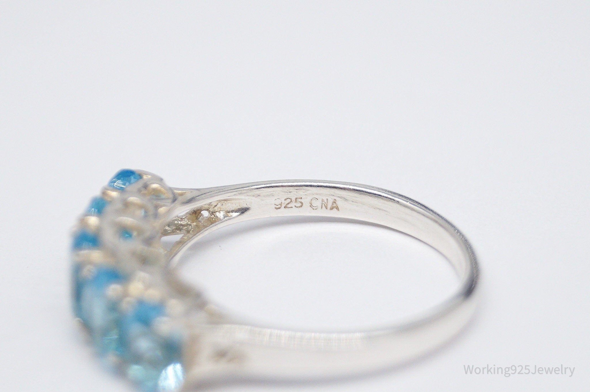 Vintage CNA Blue Topaz Hearts Pattern Sterling Silver Ring - Size 8