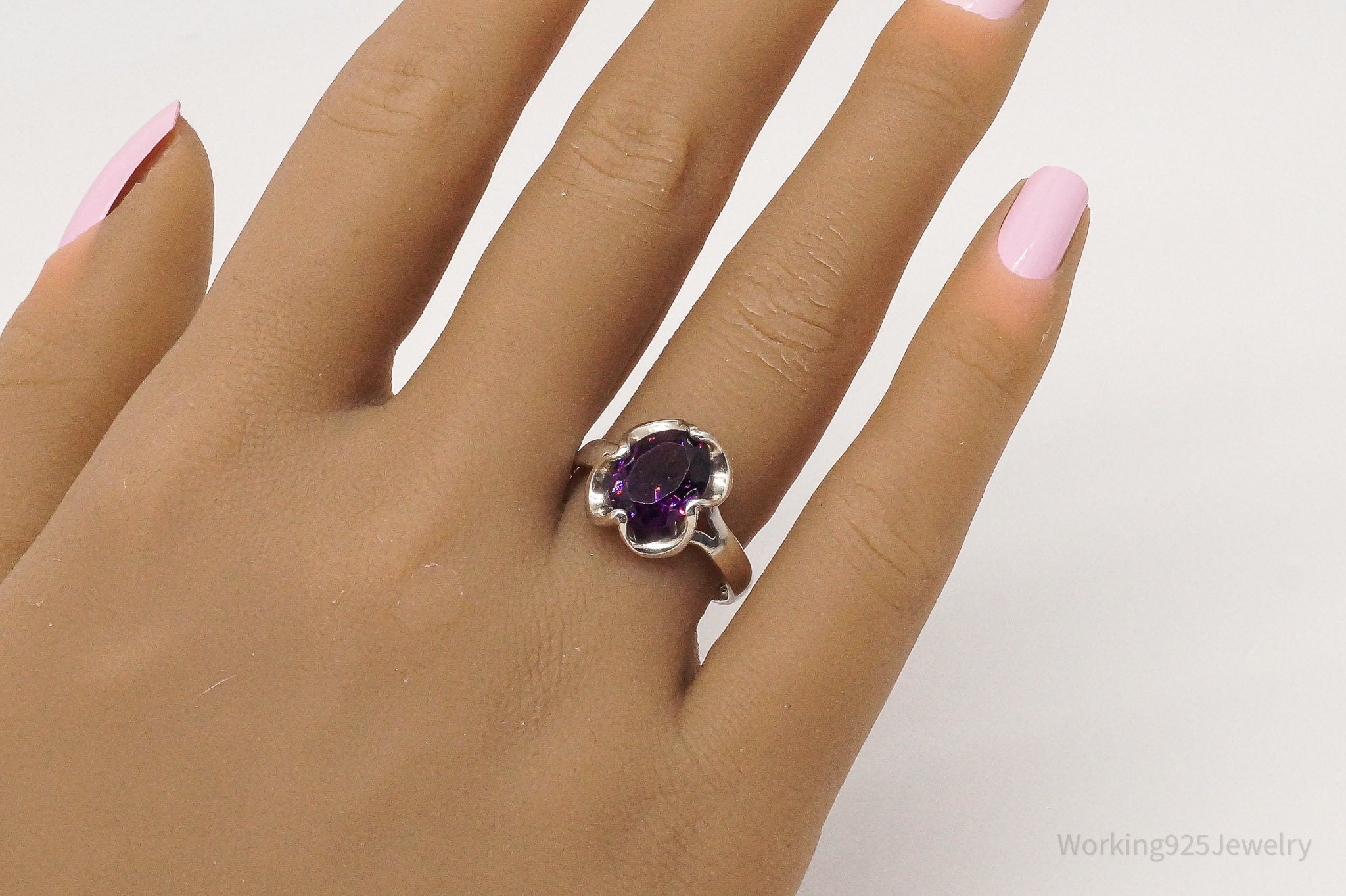 Vintage Mexico Sleek Purple Glass Stone Sterling Silver Ring - Size 8.25