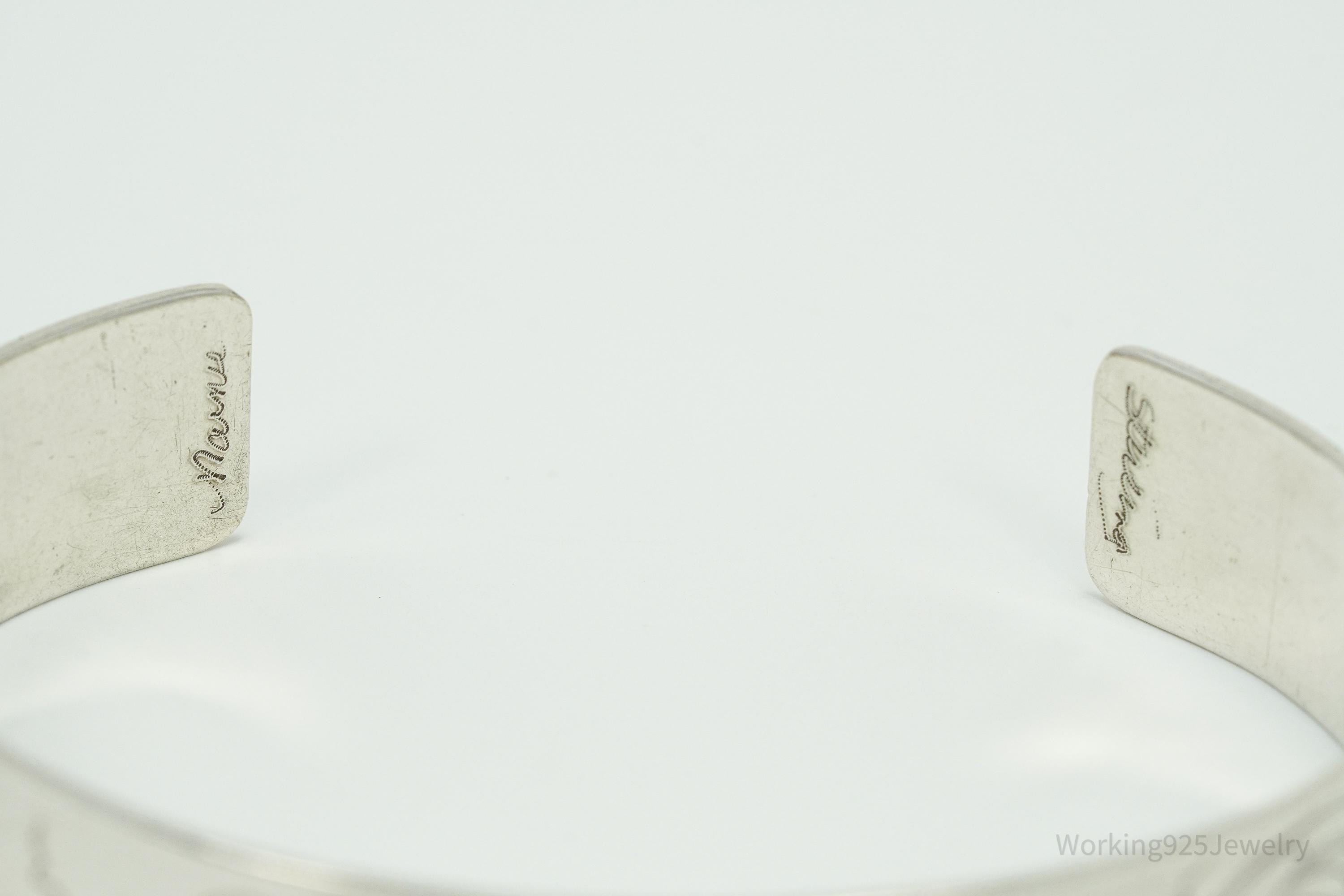 Vintage Floral Pattern Flowers Sterling Silver Cuff Bracelet 6.75"