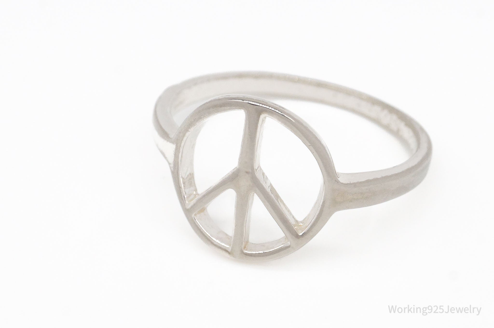 Vintage Peace Sign Sterling Silver Rhodium Plated Ring - Size 6.75