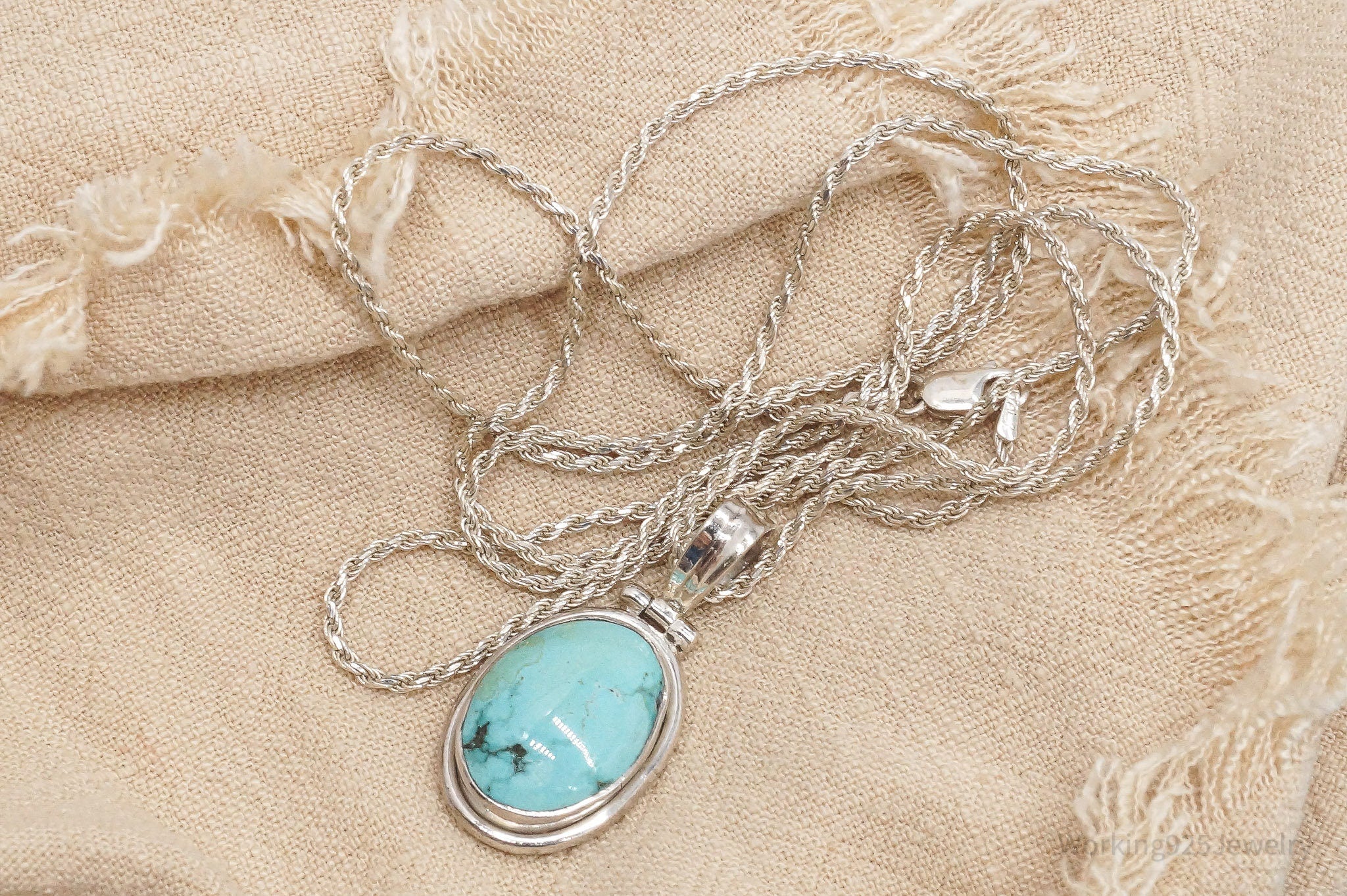 Vintage Large Blue Turquoise Pendant Sterling Silver Necklace 30"