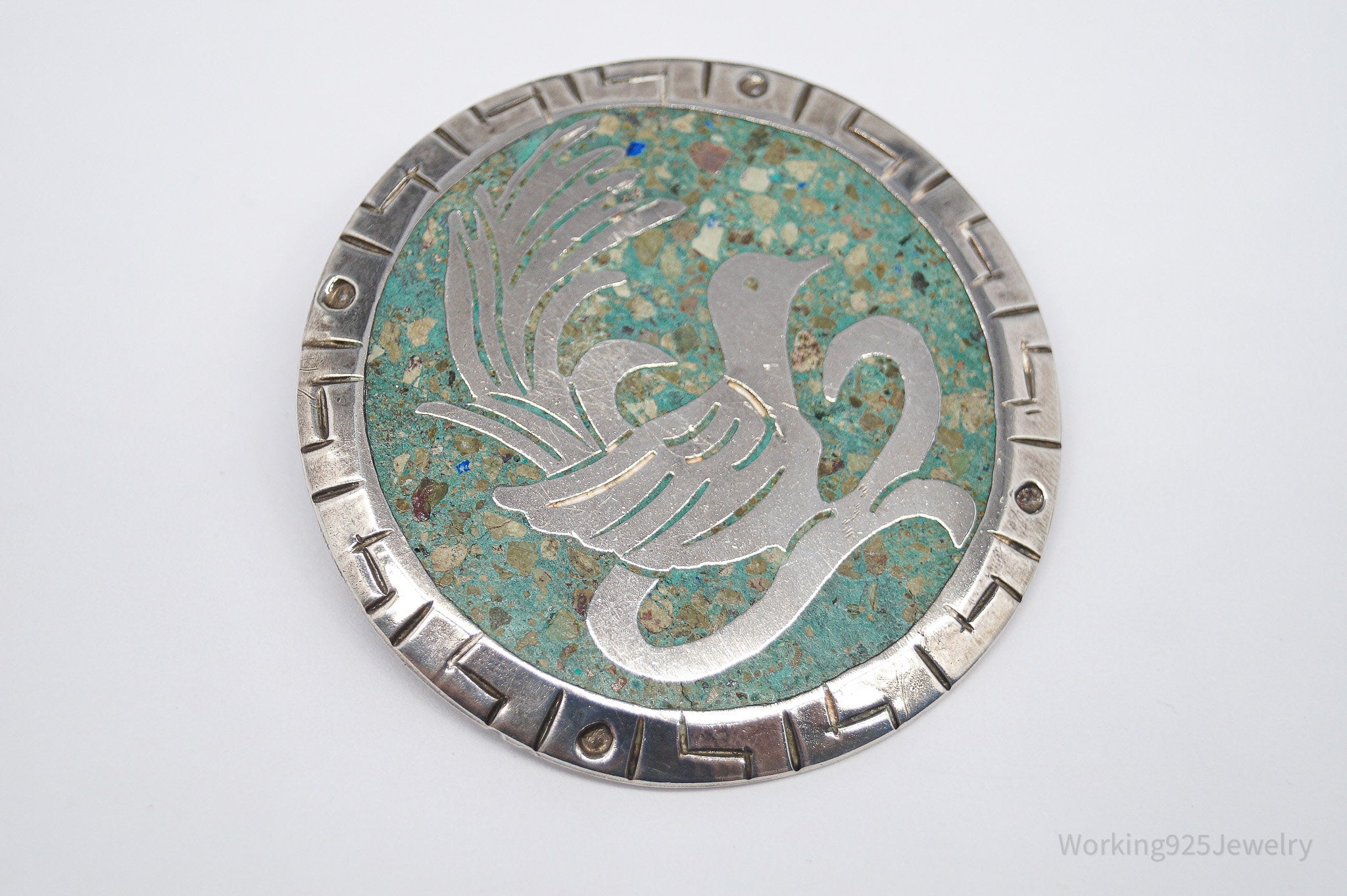 Vintage Large Mexico Gem Inlay Sterling Silver Brooch Pin Pendant 2"