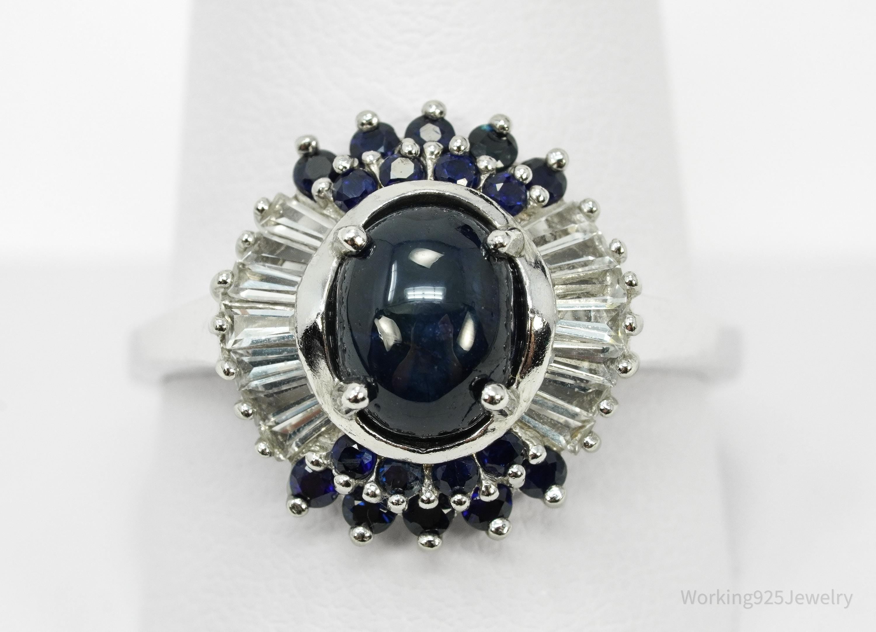 Blue Star Sapphire & White Zircon Sterling Silver Ring - Size 10.75