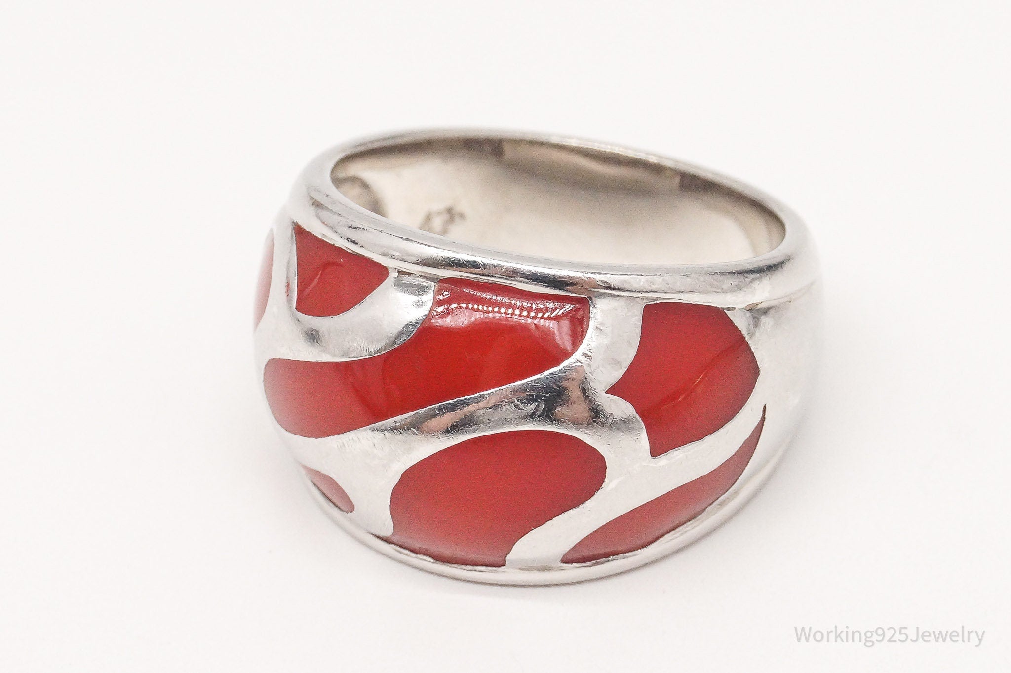 Vintage Red Enamel Sterling Silver Ring - Size 8.5