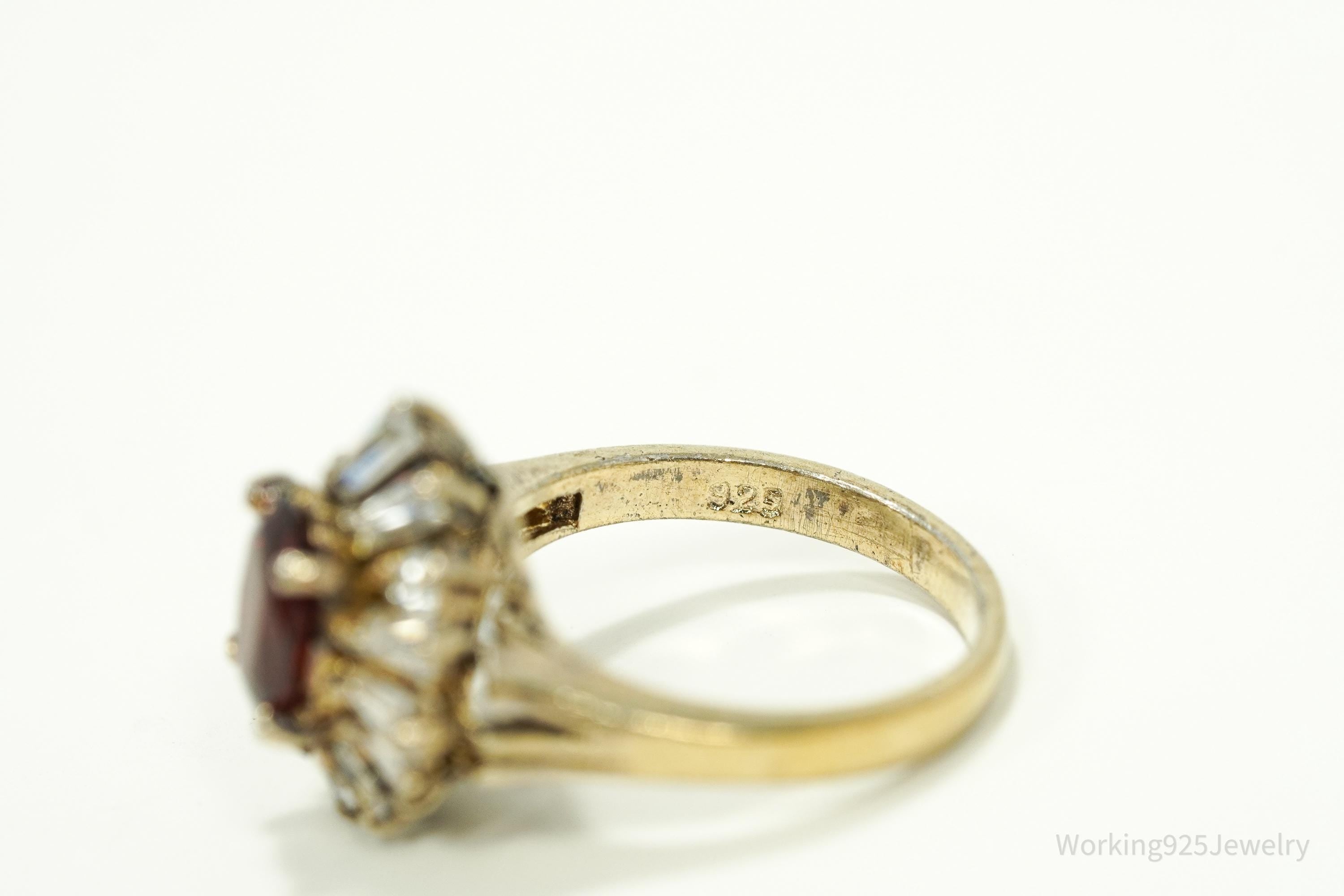 Vintage Garnet & Cubic Zirconia Gold Over Sterling Silver Ring Size 5.75