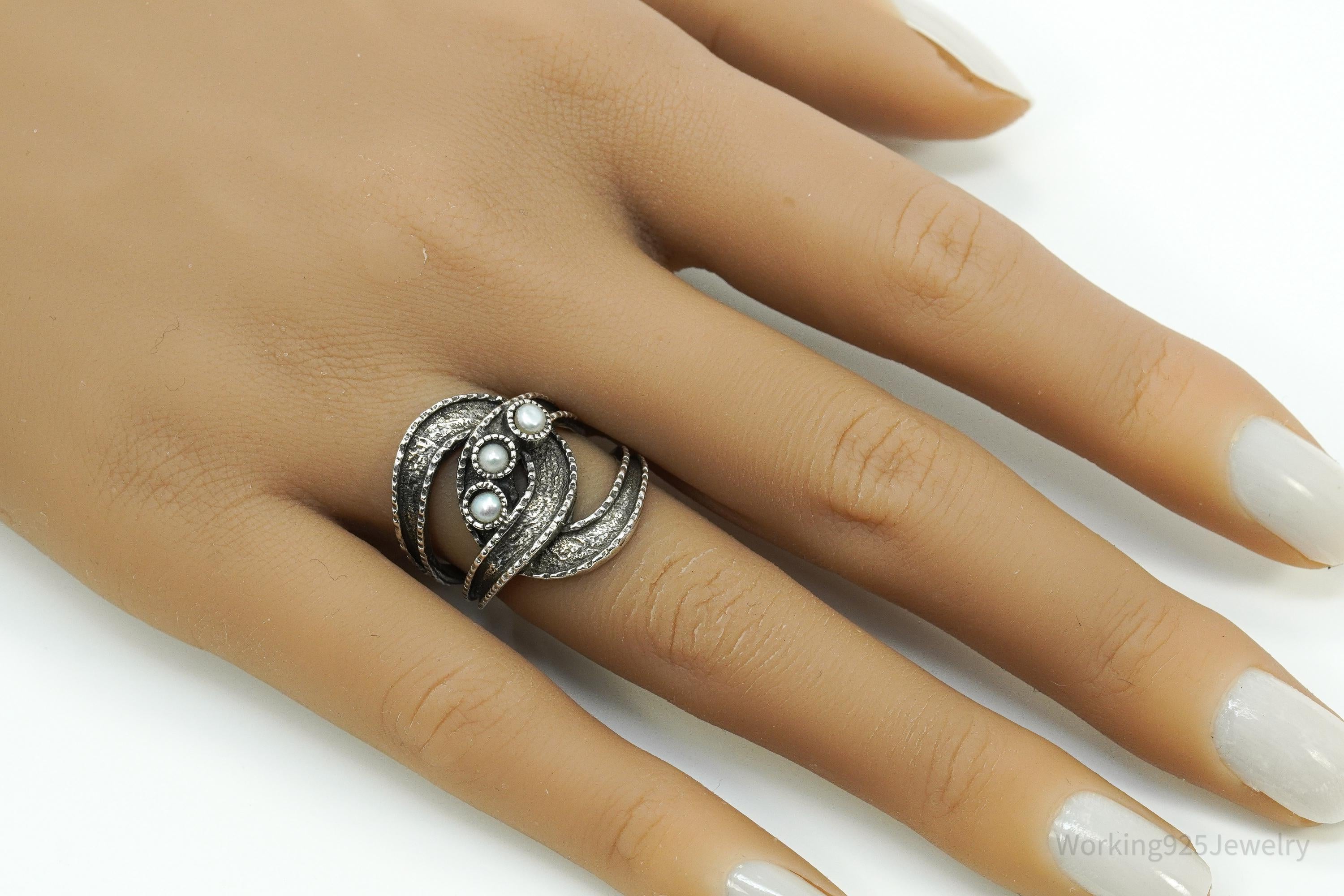 Vintage Pearls Modernist Style Sterling Silver Ring - Size 7.25