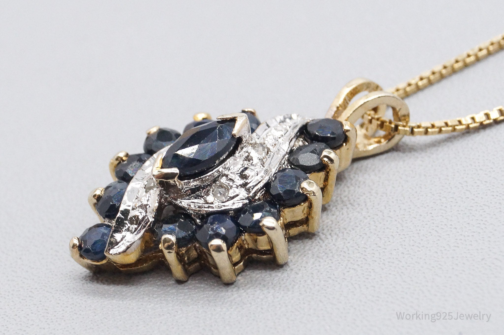 VTG Ross Simons Sapphires 4 Diamond Gold Vermeil Sterling Silver Necklace 24"