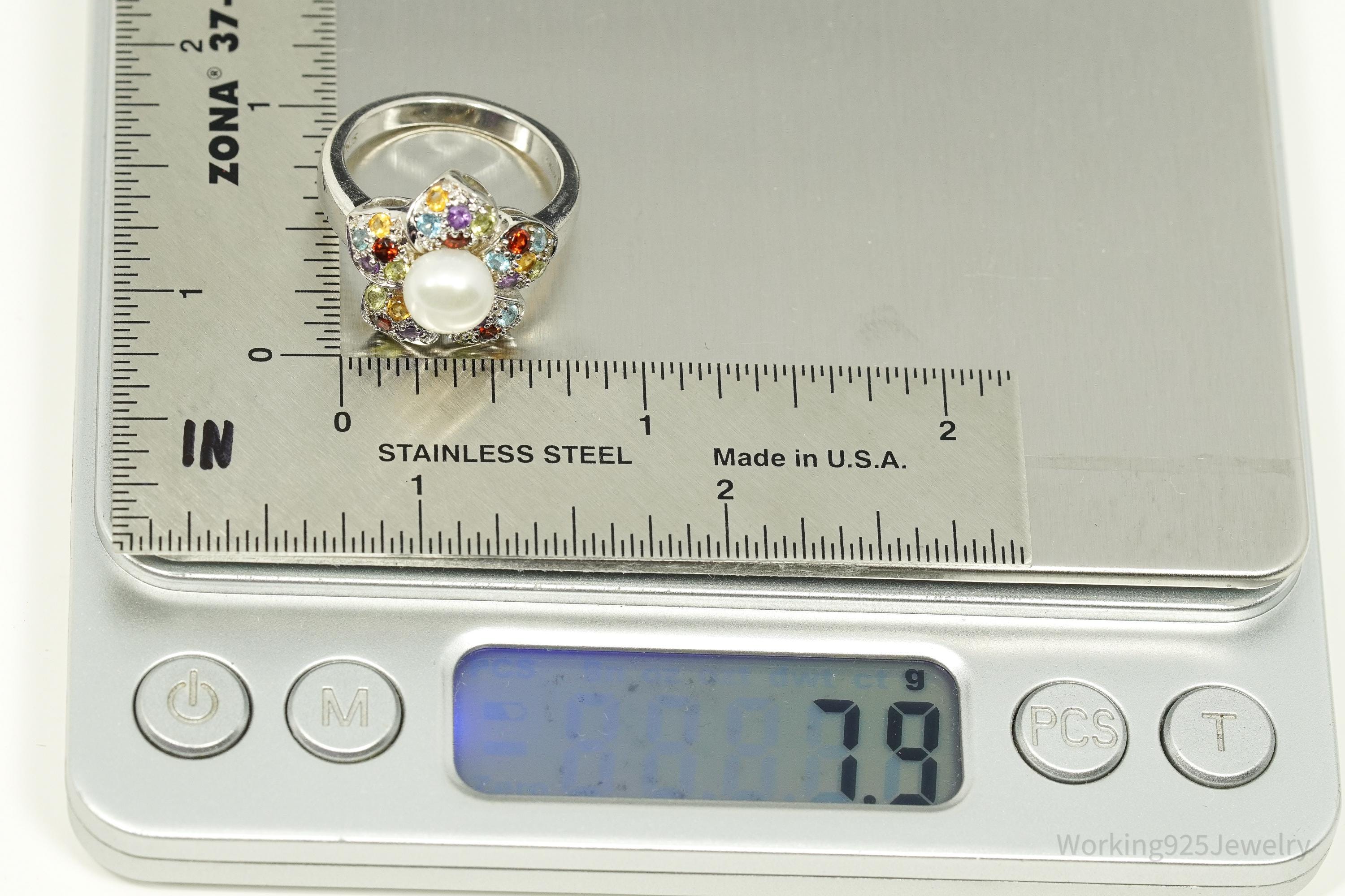 Vintage Designer Pearl & Multi Gem Sterling Silver Ring - Size 8