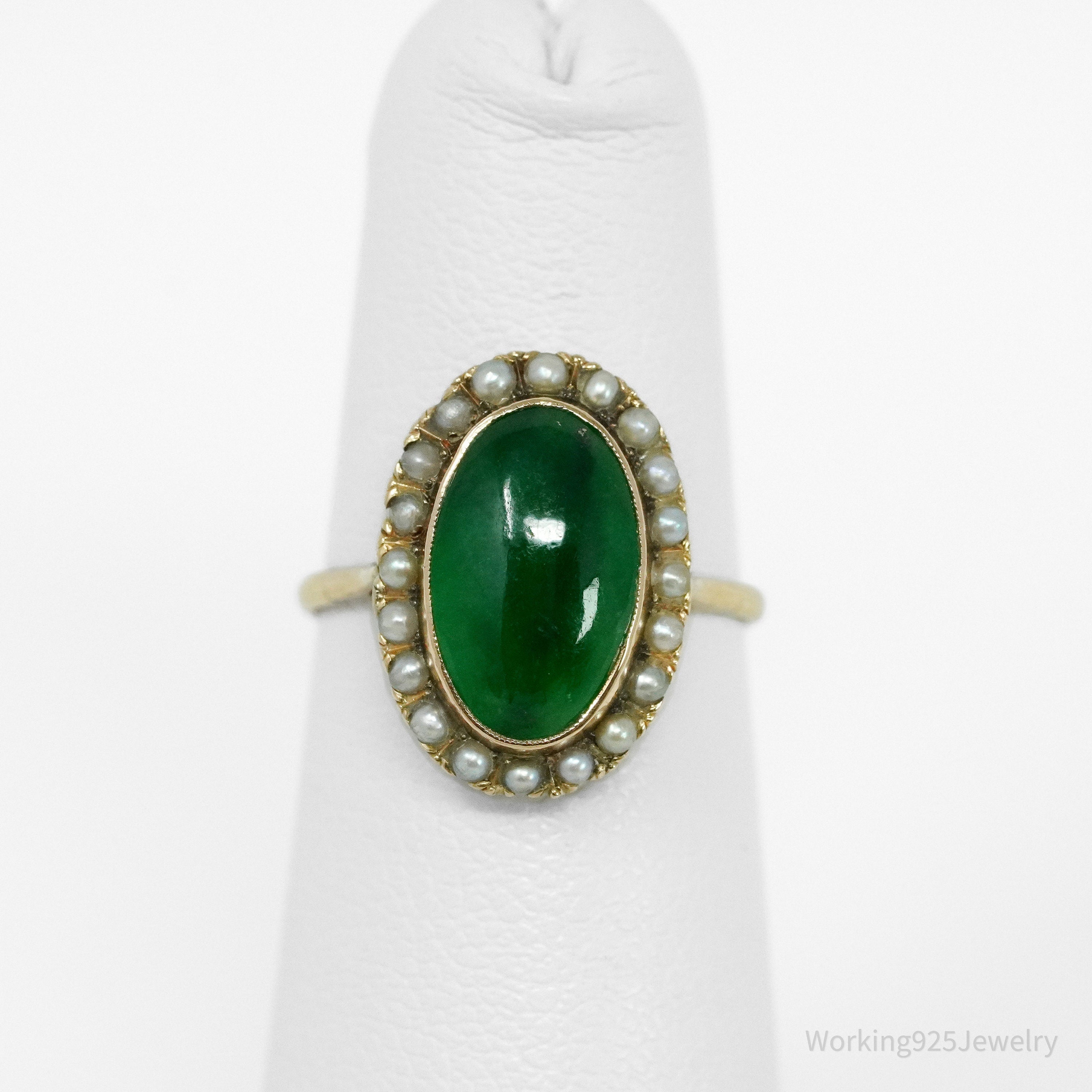 14K Yellow Gold Jadeite Jade Cabochon & Seed Pearls Ring - Size 4 1/2