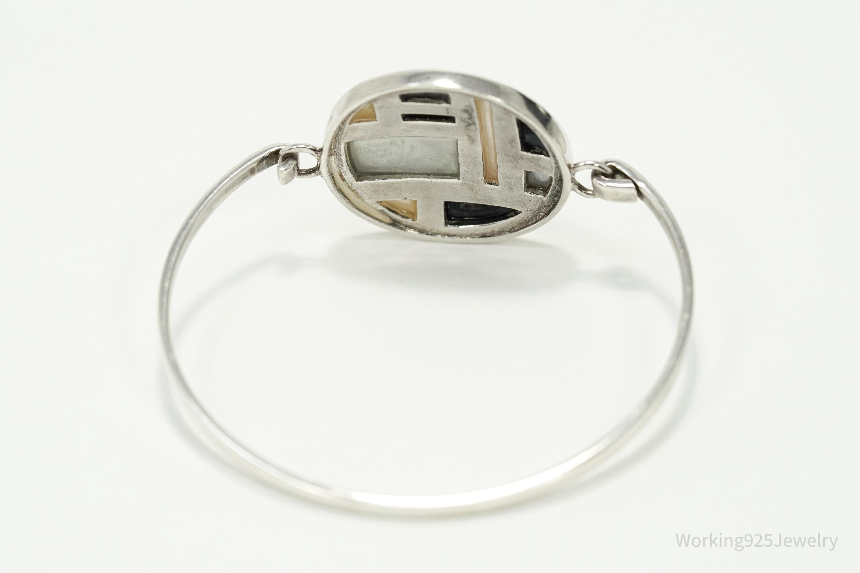 Vintage Black Onyx Mother Of Pearl Paua Shell Sterling Silver Bracelet 6.75"