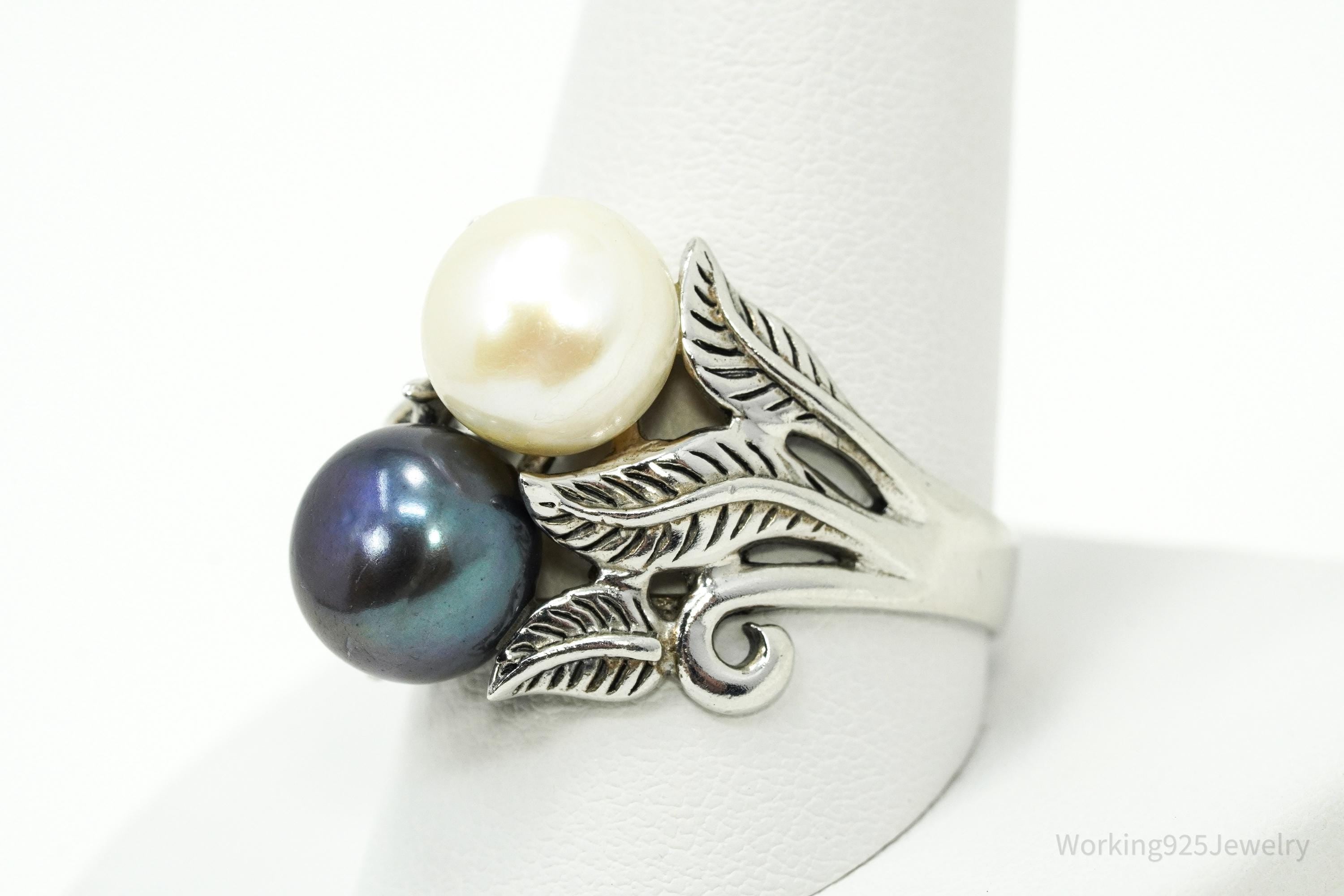 Vintage Designer CFJ White & Tahitian Pearl Sterling Silver Ring Size 10.75