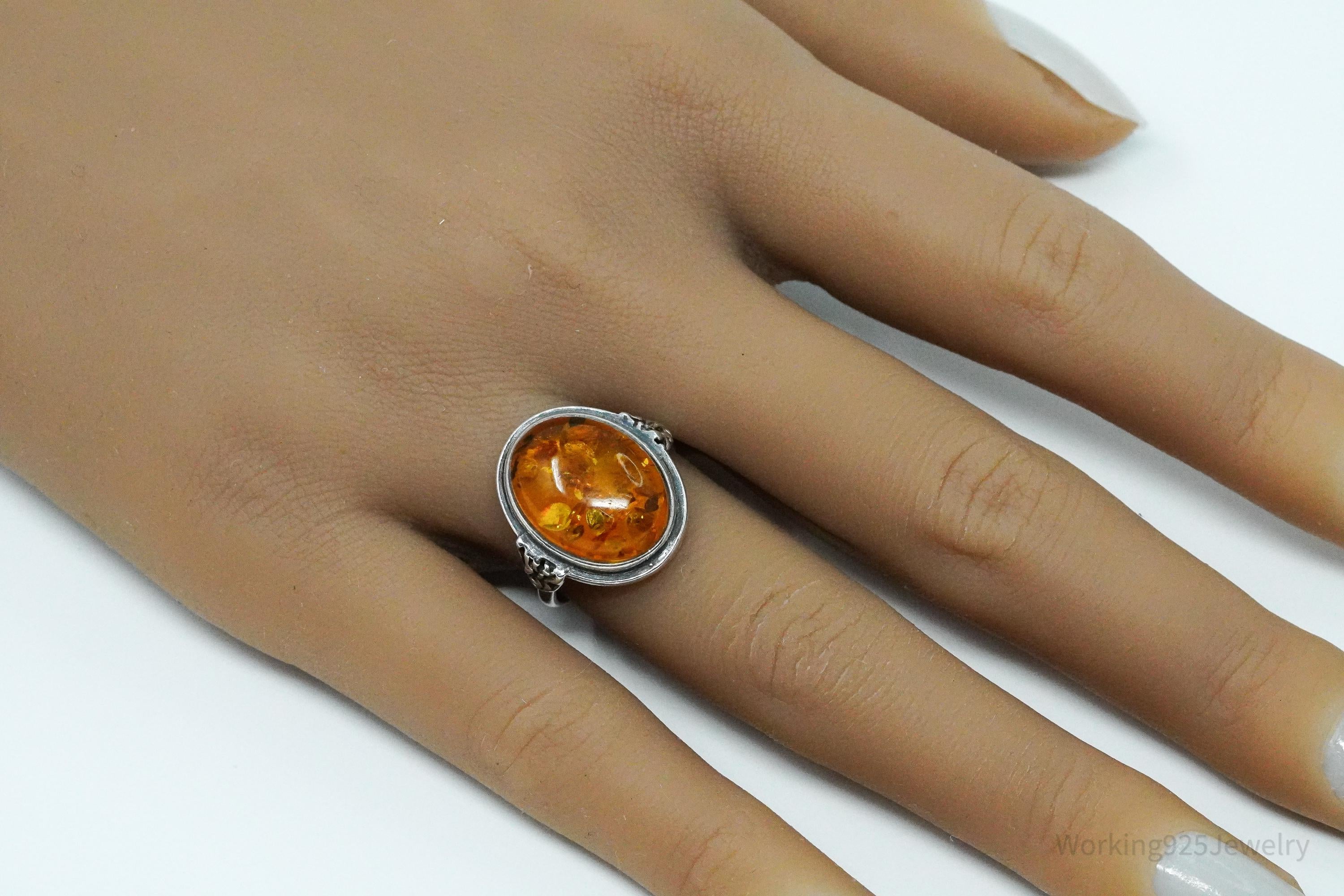 Vintage Amber Sterling Silver Ring - Size 7
