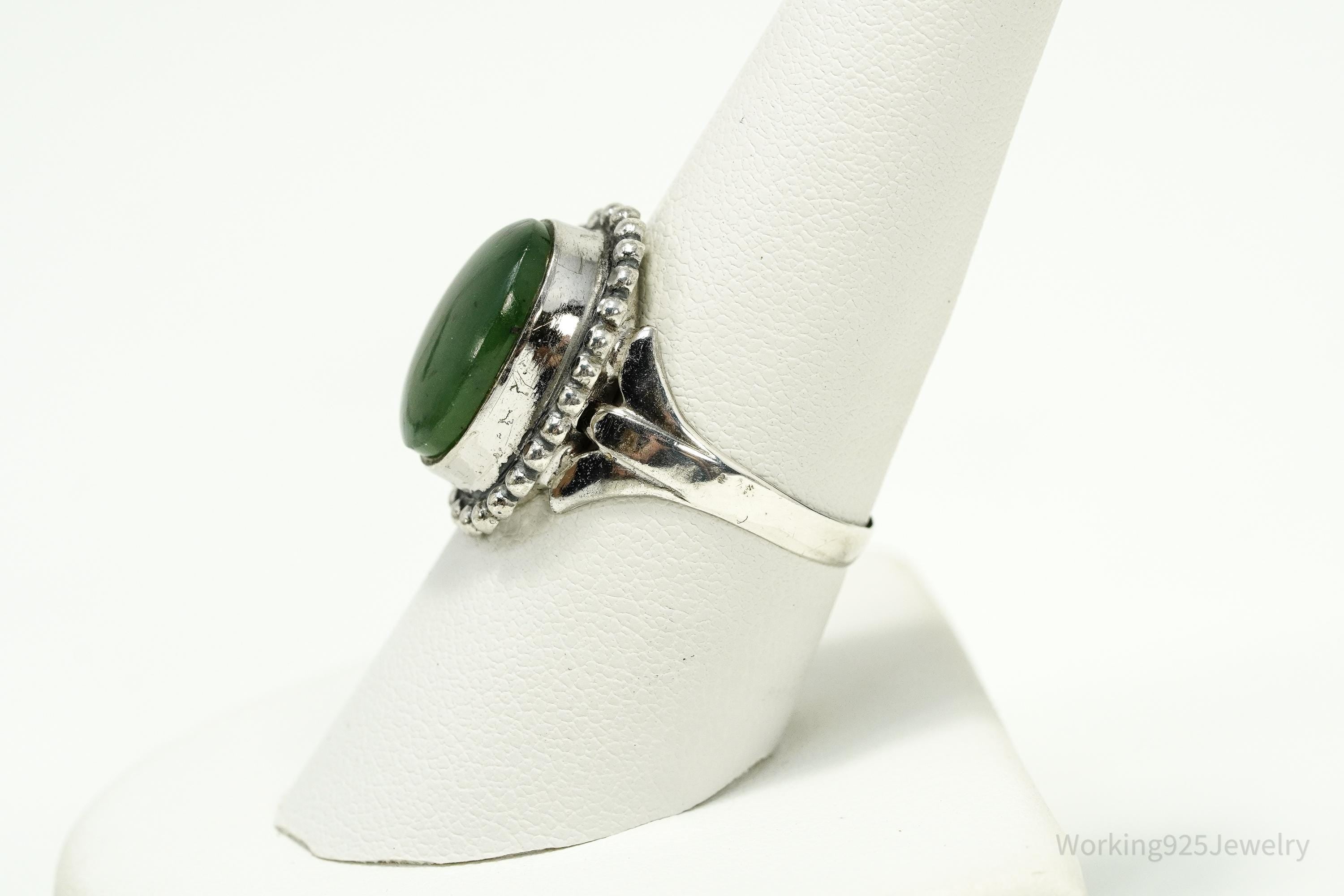 Antique Nephrite Jade Sterling Silver Ring - Size 8.25