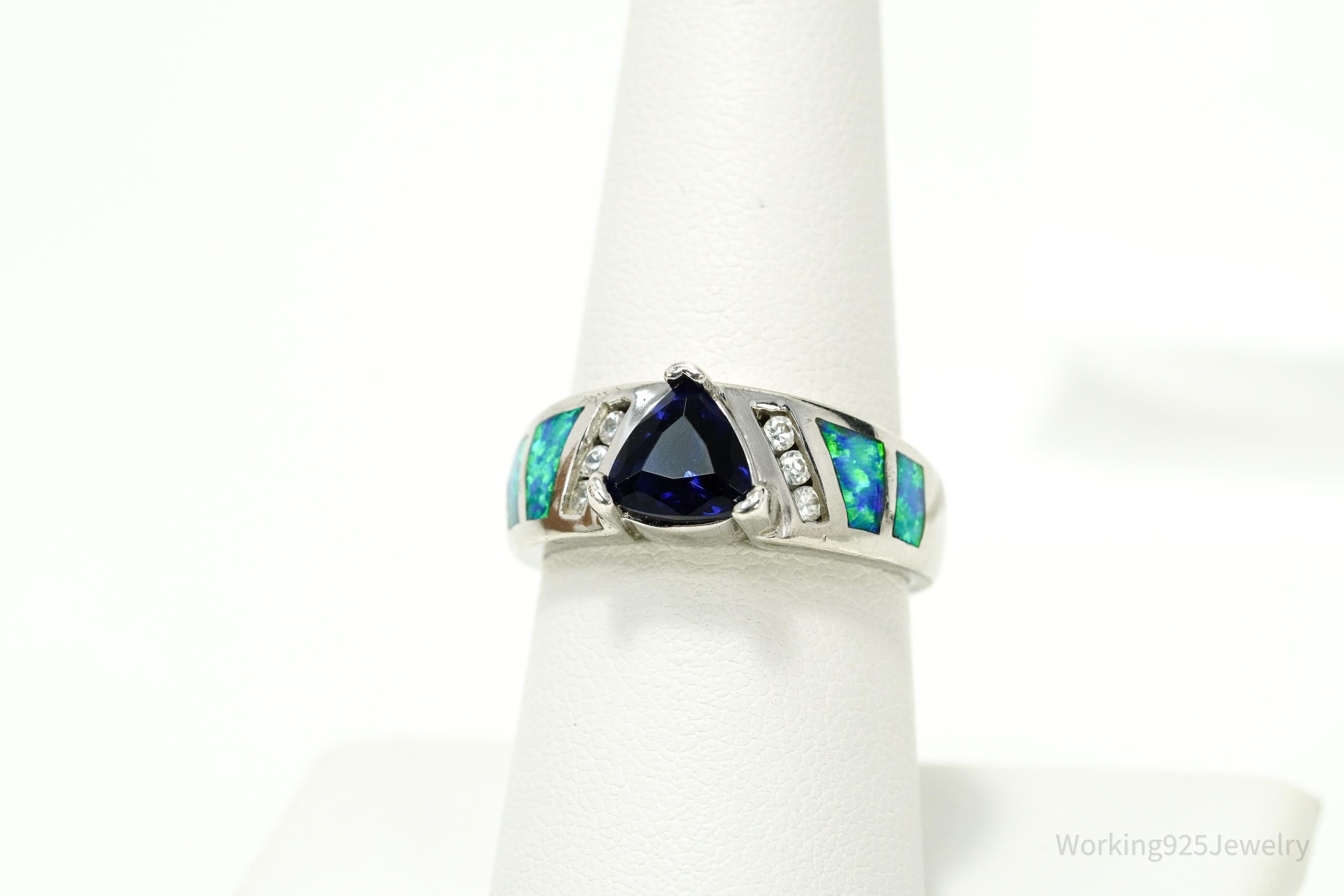 Vintage Lab Created Sapphire Cubic Zirconia Opal Sterling Silver Ring - Size 7.75