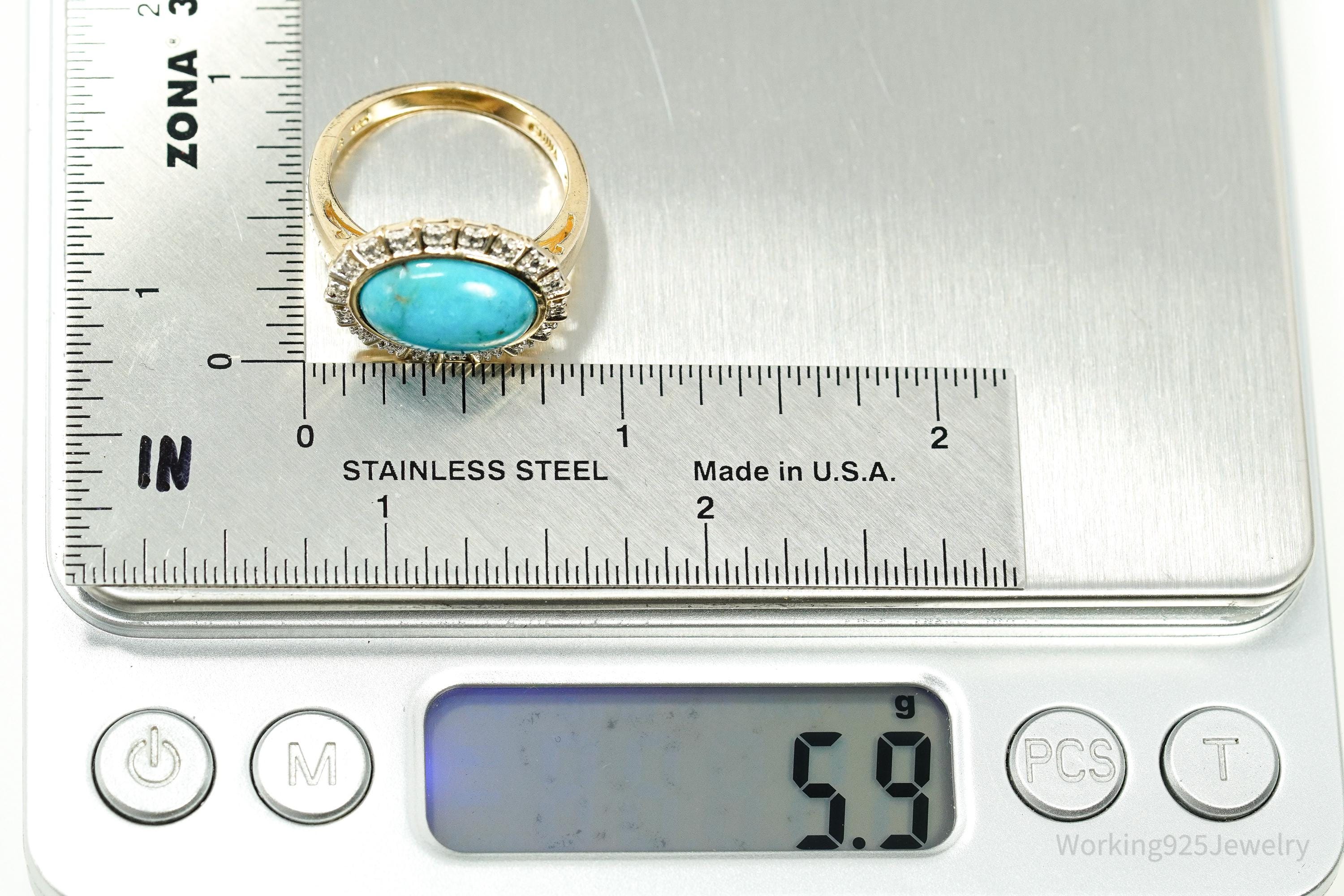 VTG Designer Ross Simons Turquoise & Diamond Gold Over Sterling Silver Ring - Size 9